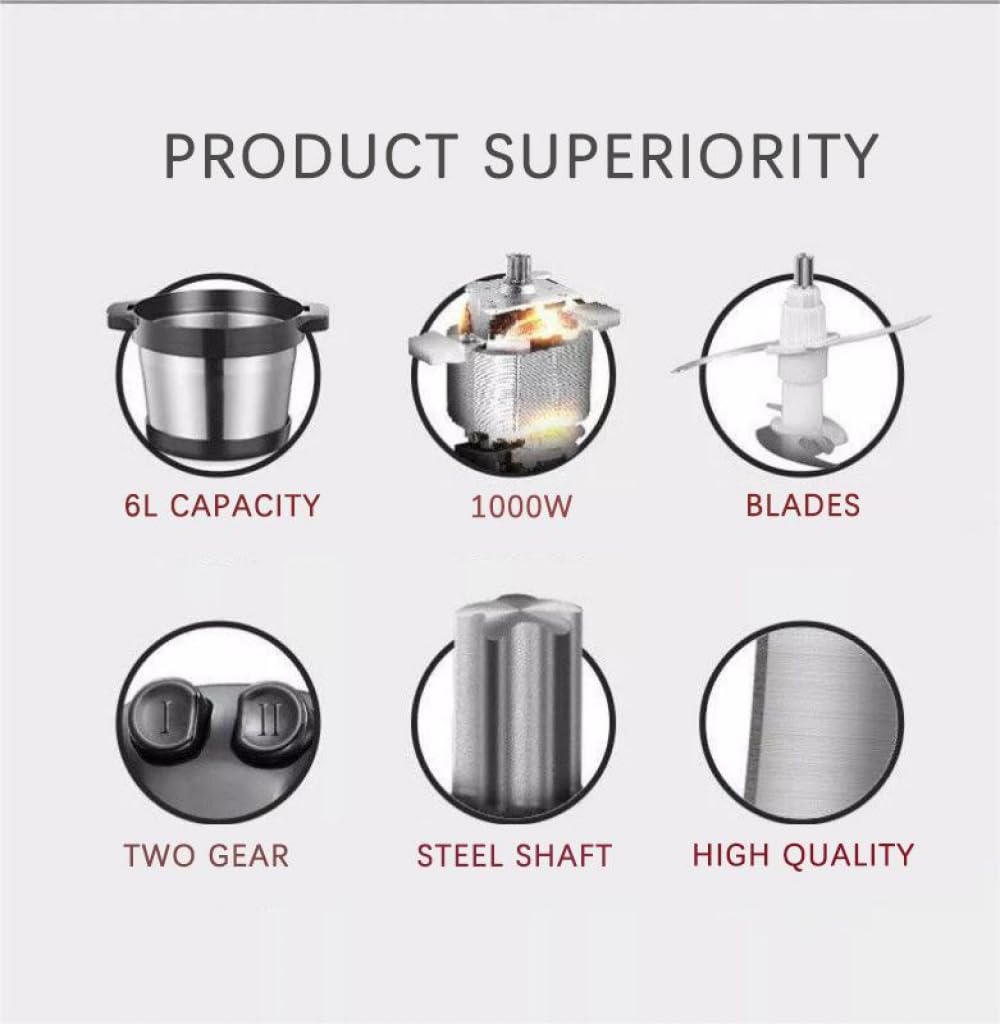 6L Electric Food Processor - Stainless Steel Meat Grinder & Multi-Function Chopper for Vegetables, Fruits, Nuts & Spices | Perfect for Kitchen Countertop, Meal Prep, Smoothies & Dough Making