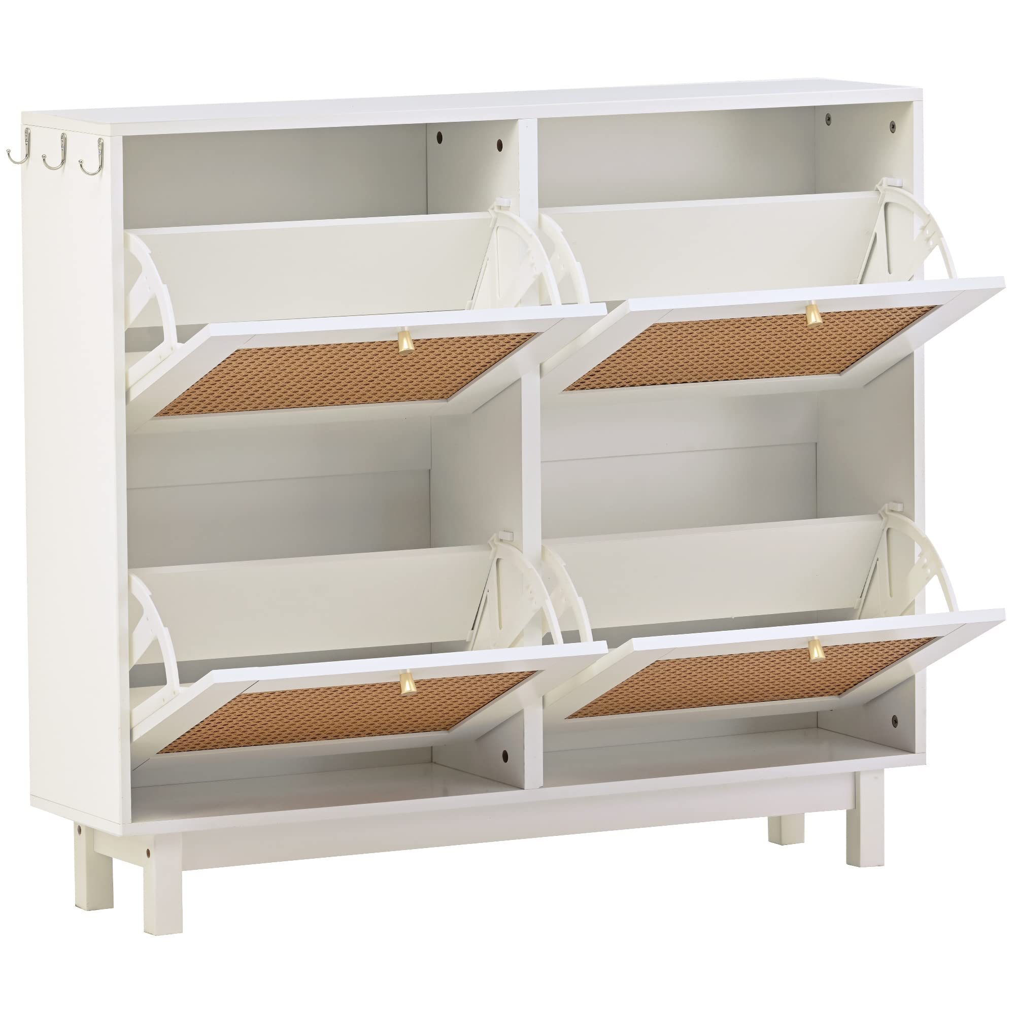 Boho Style Rattan Shoe Cabinet with 4 Flip Drawers - 2-Tier Shoe Storage Organizer with Large Capacity | Free Standing Shoe Rack for Entryway, Hallway, Bedroom & Closet (White/Boho) - Perfect for Small Spaces & Home Organization