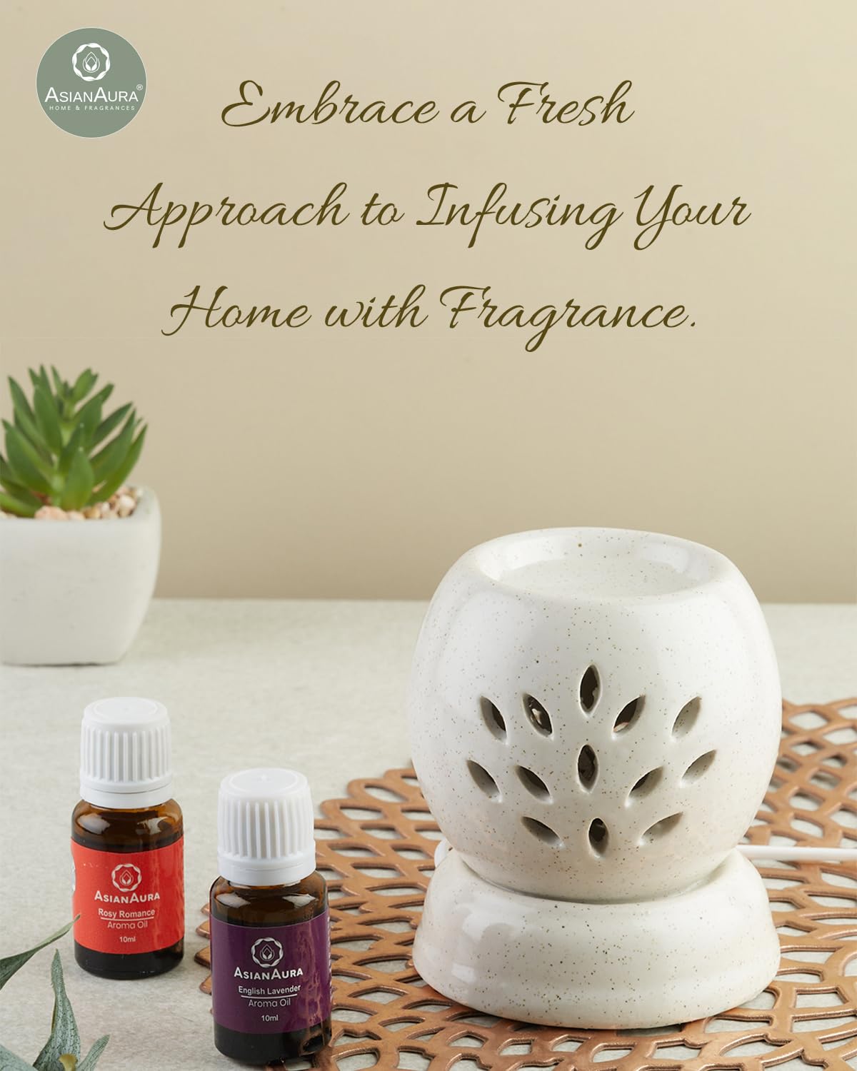 Asian Aura Handcrafted Ceramic Electric Aroma Diffuser - Round Essential Oil Diffuser for Aromatherapy, Home Decor & Fragrance with 10ml Lavender & Rose Scented Oils | Perfect for Bedroom, Yoga Studio & Spa Relaxation