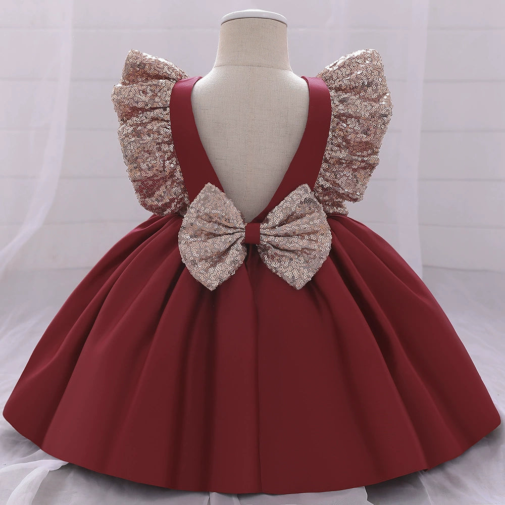 Burgundy Princess Round Tea Length Satin Flower Girl Dress for Weddings, Parties & Special Occasions