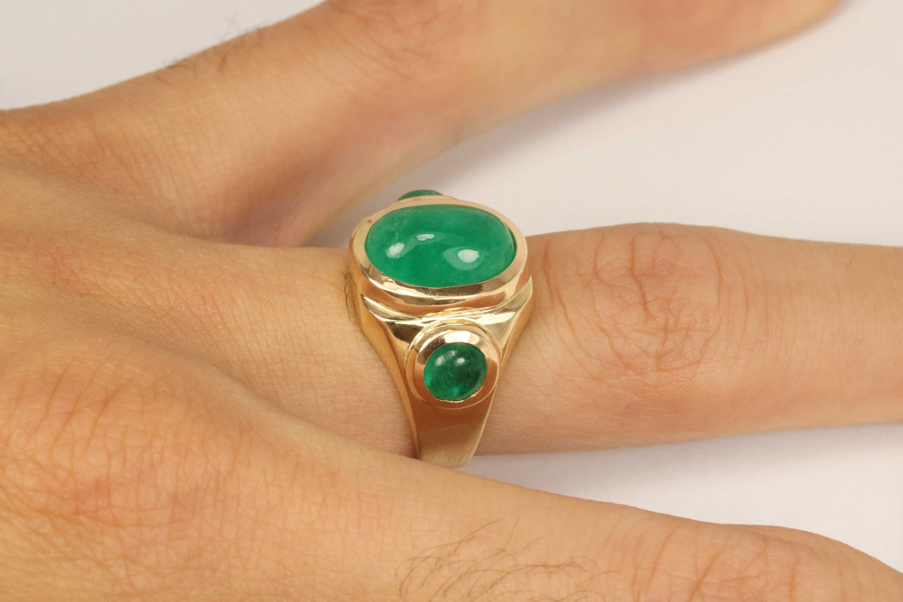 10.35tcw Three Stone Colombian Emerald Cabochon Men's Ring in 14K Gold - Perfect for Weddings, Anniversaries & Luxury Gifts