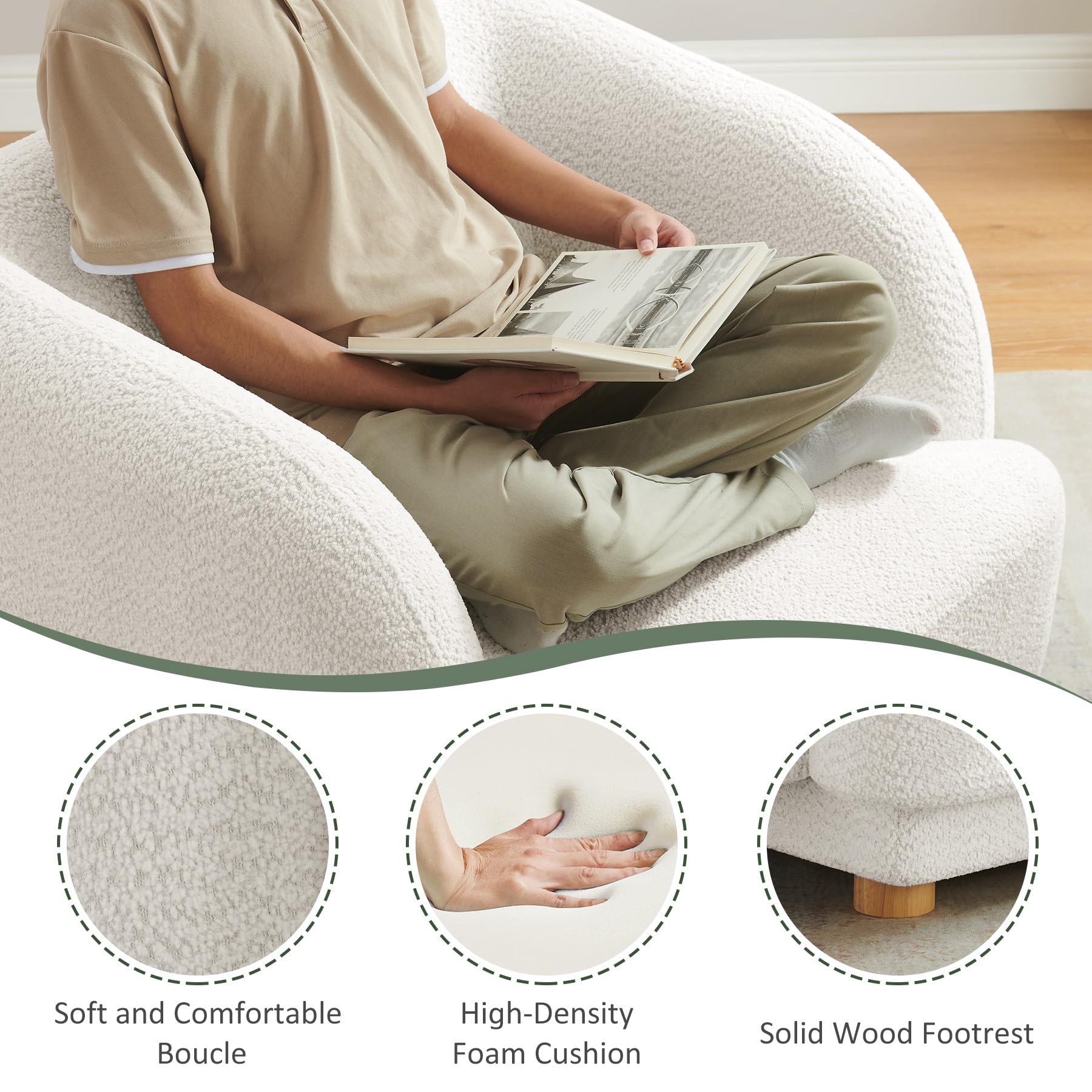 Modern Oversized Accent Barrel Chair - Comfy Upholstered Armchair with Wooden Legs for Living Room, Bedroom, Office & Waiting Room - Perfect for Relaxation, Reading & Home Decor (White)