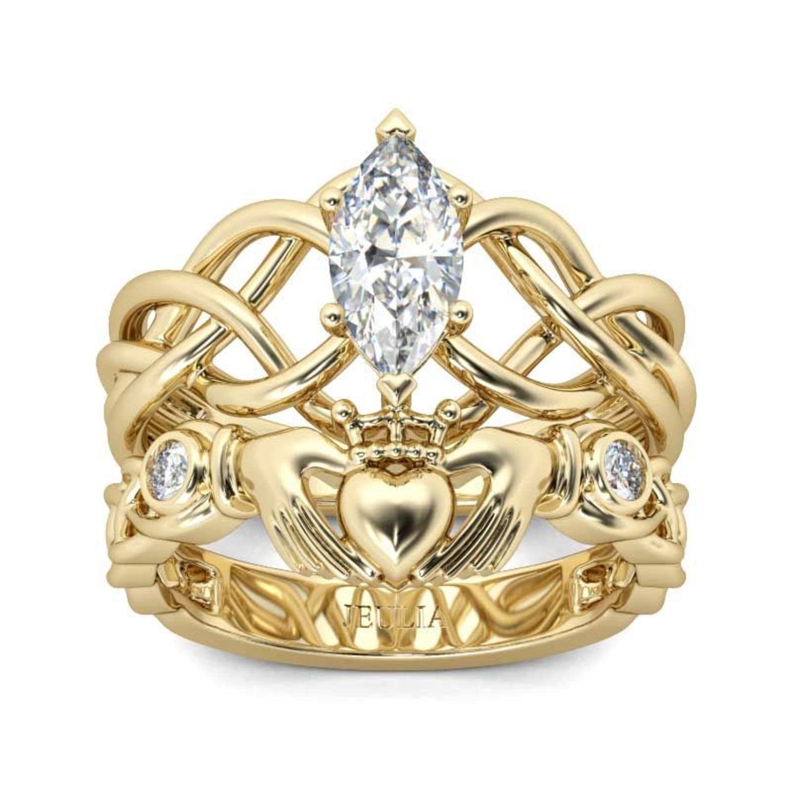 Jeulia Princess Cut Sterling Silver Ring Set with Zirconia - Intertwined Claddagh Engagement & Wedding Band for Women - CZ Solitaire Heart Promise Rings for Anniversary, Bridal, and Couple Gifts - Perfect for Proposals, Valentine's Day, and Romantic Occasions