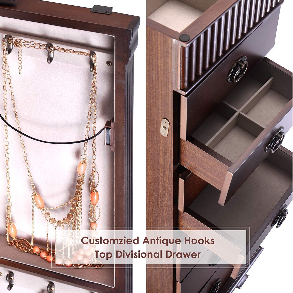 Large Standing Jewelry Armoire Cabinet with 7 Drawers & 2 Doors - Full-Length Mirror, 12 Necklace Hooks & Top Storage Organizer for Jewelry, Makeup & Accessories - Perfect for Bedroom, Dressing Room & Closet Organization