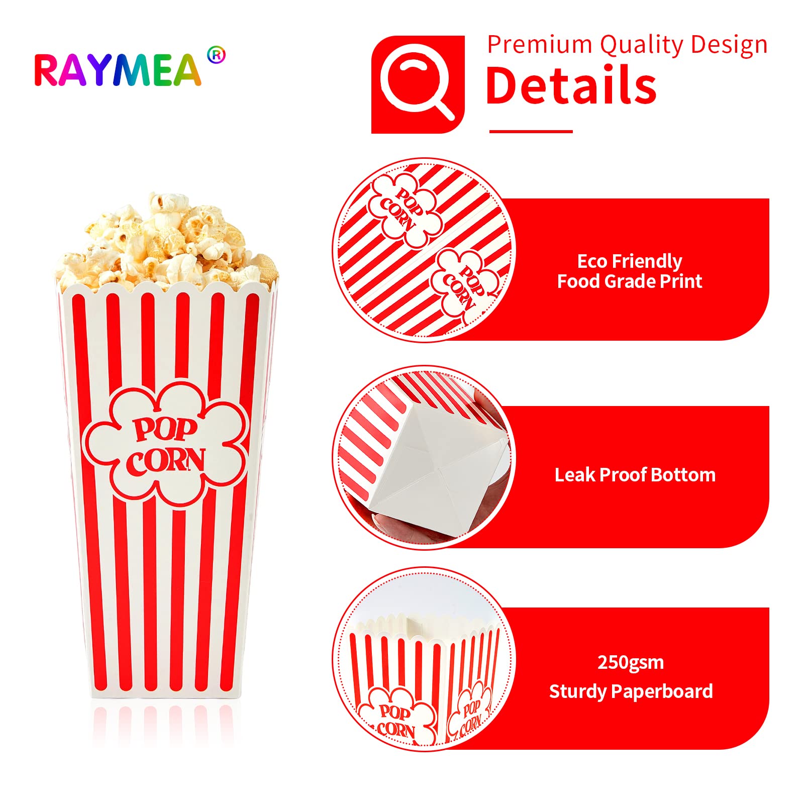 RAYMEA 46 Oz Disposable Popcorn Containers - 28 Pack Red & White Striped Cardboard Popcorn Boxes for Movie Theater, Birthday Parties, and Carnival Events - Bulk Popcorn Holders for Snacks, Concessions, and Home Movie Nights