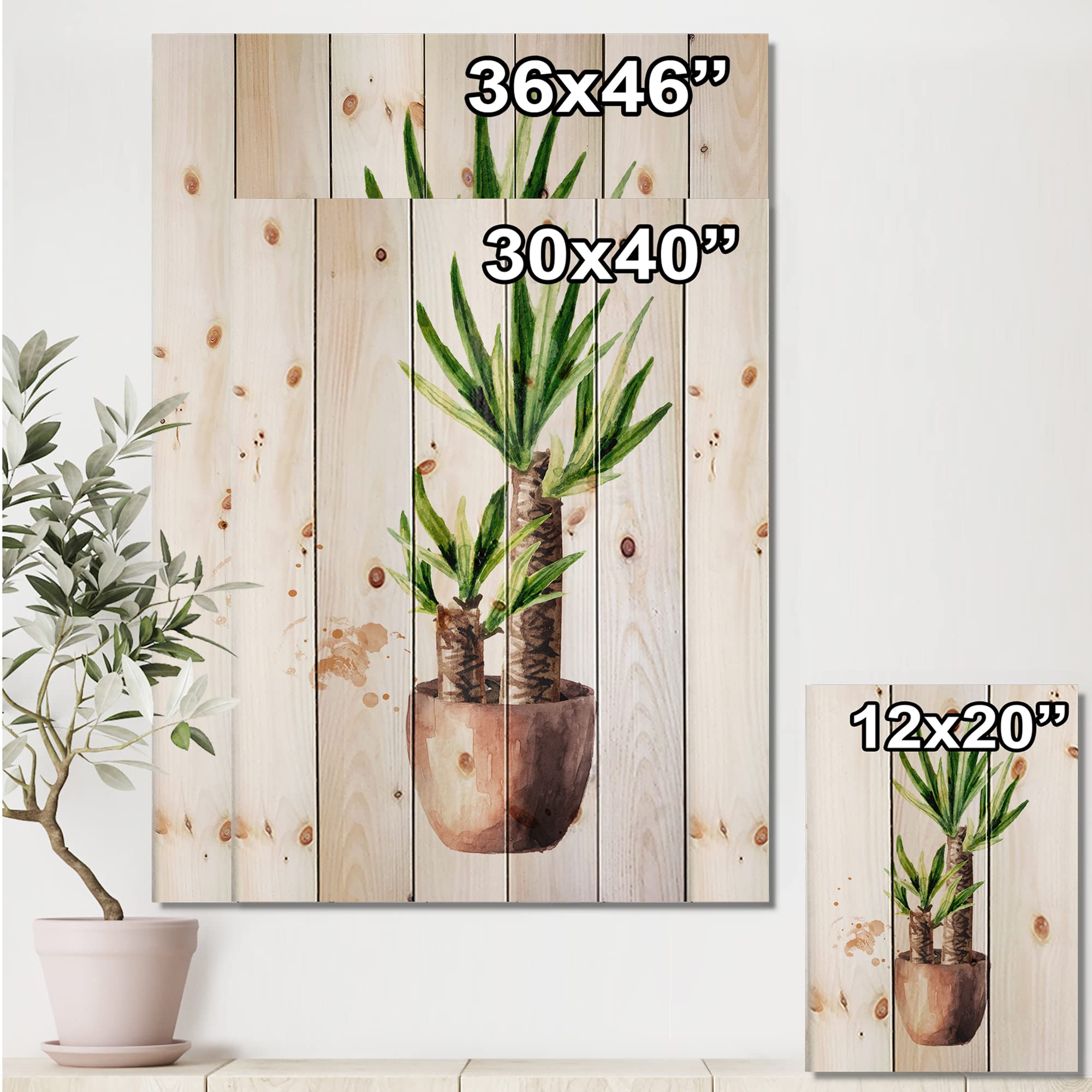 DesignQ Yucca Tree in Ceramic Pot - Traditional Wood Wall Decor, Large Floral Pine Wood Wall Art Panels - Home & Office Decoration, Living Room, Bedroom, Dining Room Wall Hanging
