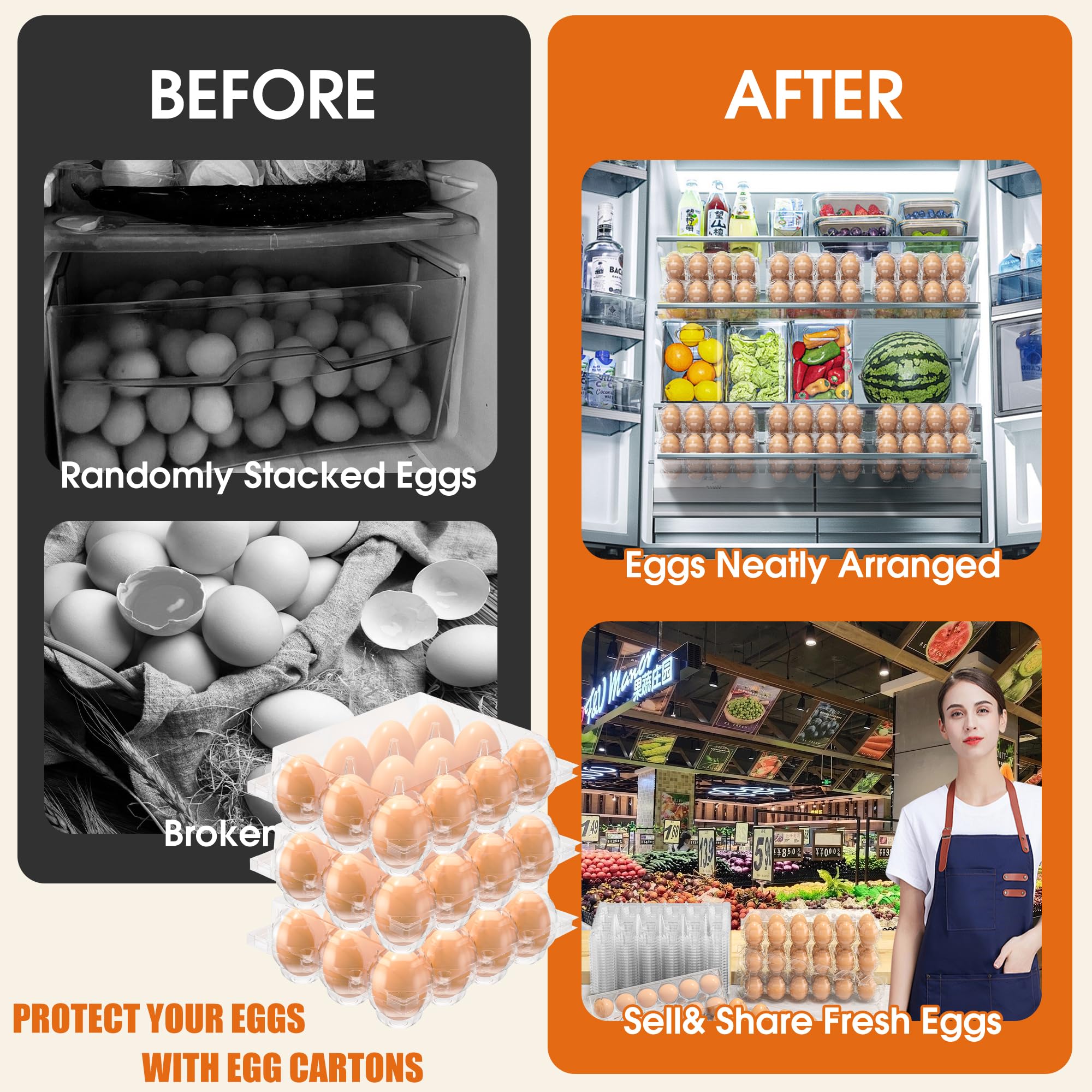 100 Pack Clear 12-Count Reusable Egg Cartons - Bulk Empty Egg Trays with 2x6 Grids for Fresh Chicken Eggs | Perfect for Refrigerator Storage, Chicken Farming, Home Use & Farmers Markets