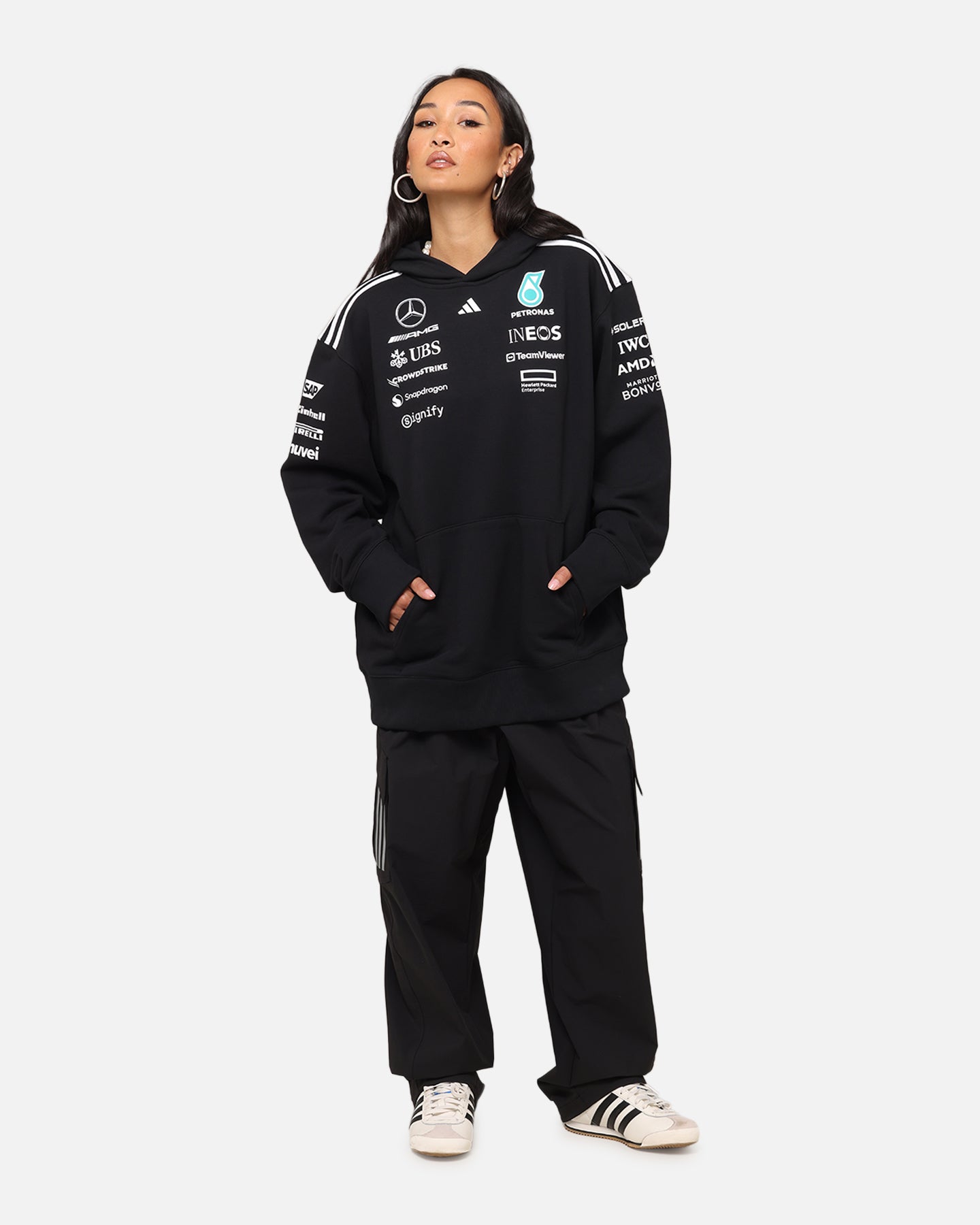Adidas x Mercedes AMG Petronas Formula One F1 2025 Team Hoodie - Black & White - Men's Sports Pullover for Racing Fans & Casual Wear