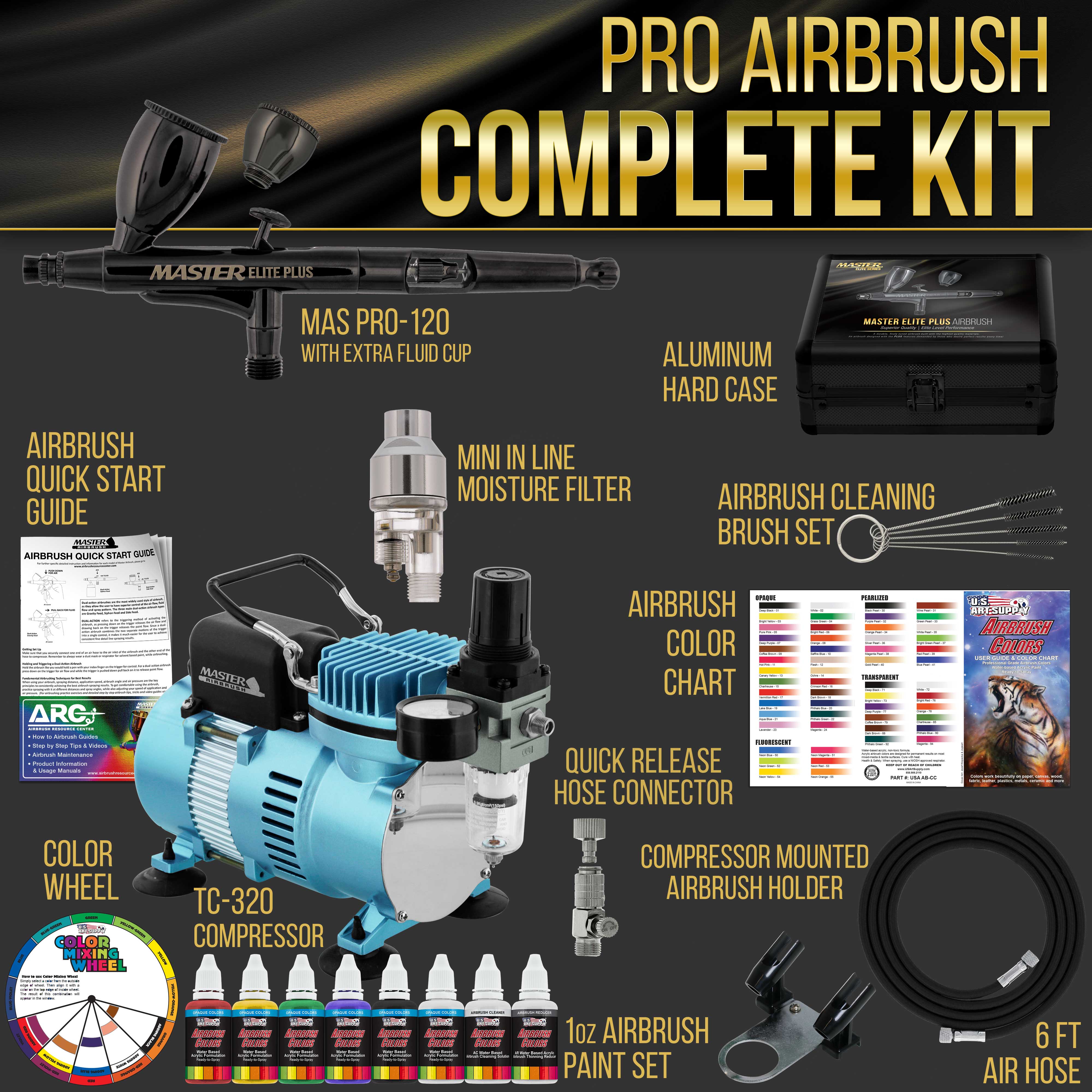 Cool Runner II Dual Fan Air Compressor System Kit with Master Elite Plus Airbrush Set - Professional Grade 6 Acrylic Paint Colors for Artists & Hobbyists - Perfect for Model Painting, Cake Decorating & Tattoo Practice