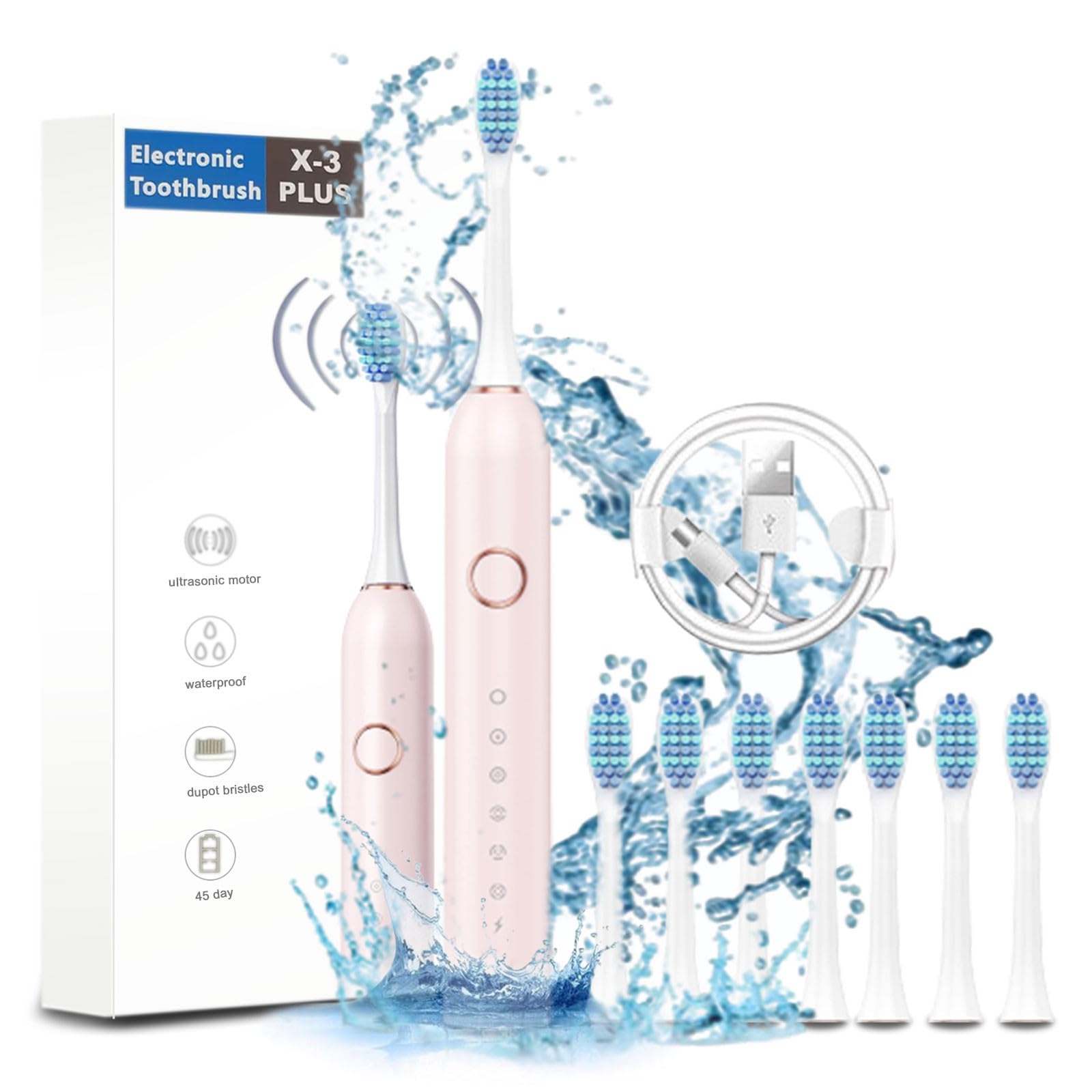 Rechargeable Electric Toothbrush with 8 Brush Heads - 6 Modes for Adults & Kids | Deep Cleaning & Travel Use (Pink)