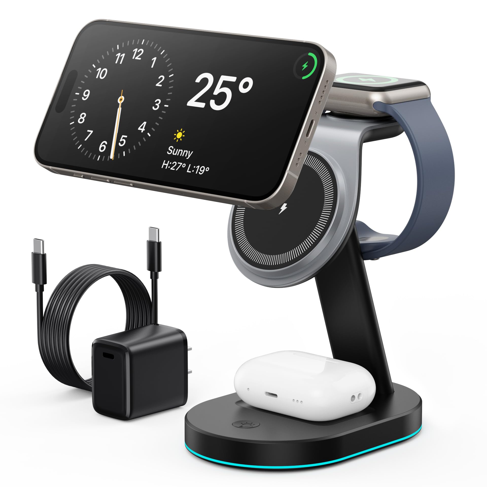 3 in 1 Wireless Charging Station for iPhone 16/15/14/13/12 - Qi2 Certified 15W Magnetic Charger with 30W USB C Adapter & Night Light - Compatible with Apple Watch & AirPods - Perfect for Bedside, Office & Travel Charging