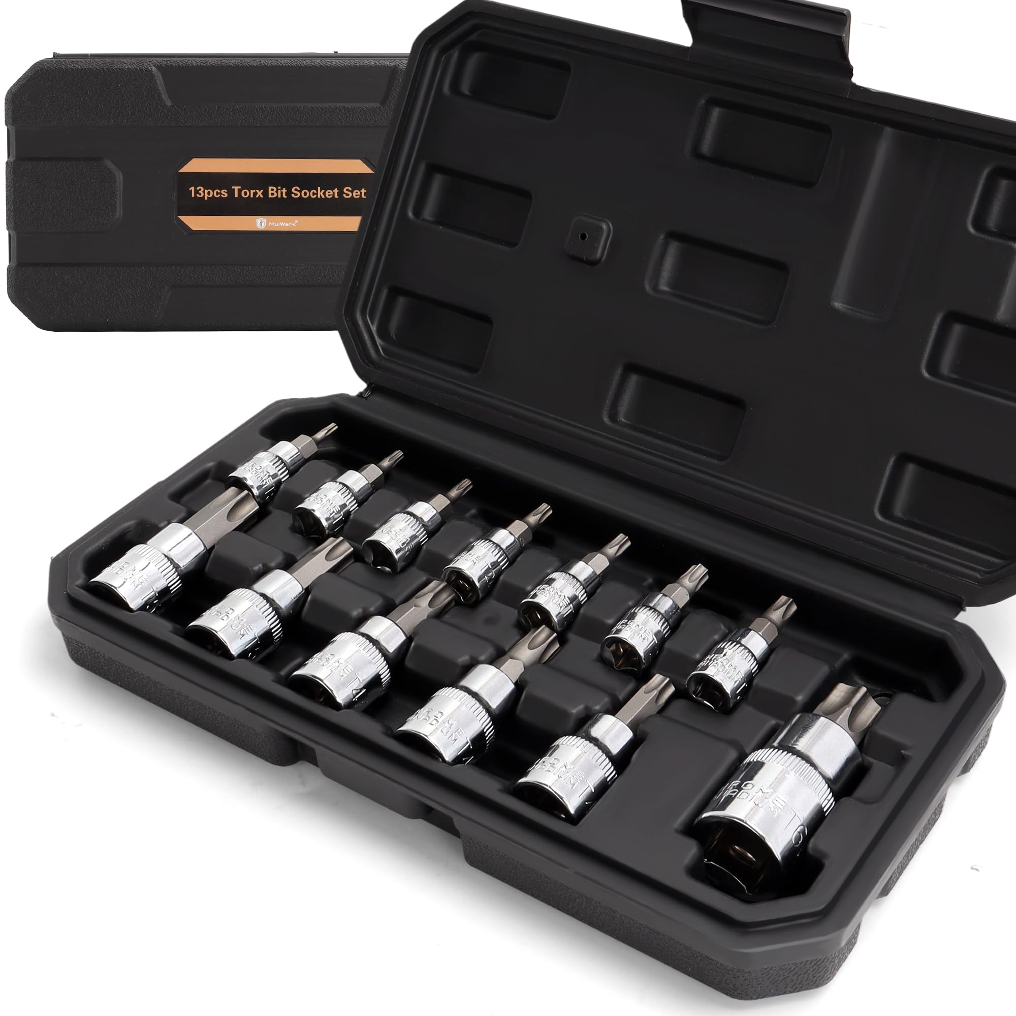 MulWark 13-Piece Torx Socket Set - 3/8, 1/4, 1/2 Inch Drive Torx Bit Socket Set - S2 & Cr-V Steel Star Socket Set (T8-T60) with Storage Case - Perfect for Automotive Repair, Motorcycle Maintenance, and DIY Home Improvement Projects
