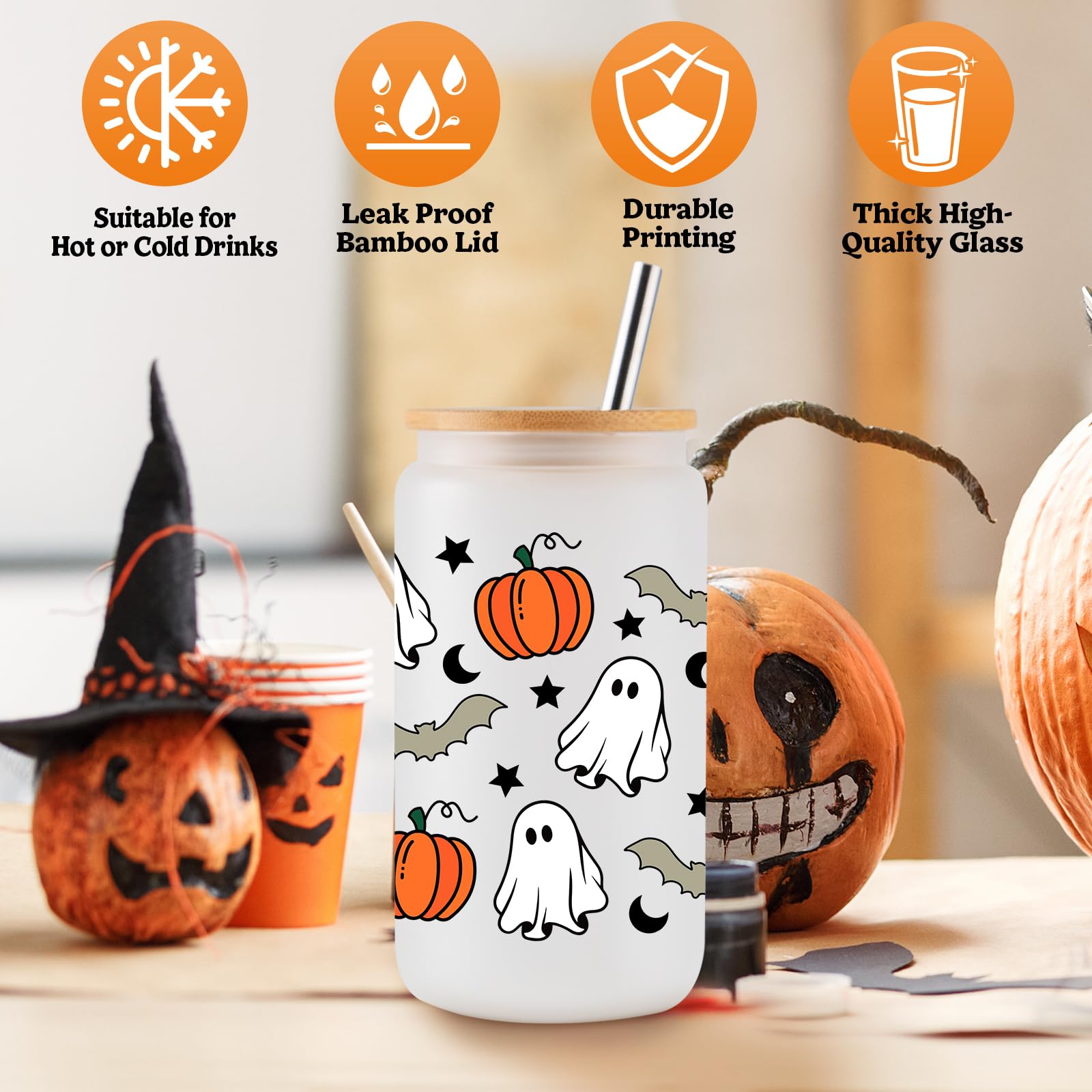 16oz Halloween Pumpkin Ghost Tumbler with Lid & Straw - Cute Spooky Glass Cup for Iced Coffee, Smoothies - Perfect Halloween Gift for Women, Kids, Teens, Adults - Great for Fall Parties, Trick-or-Treating & Seasonal Drinks