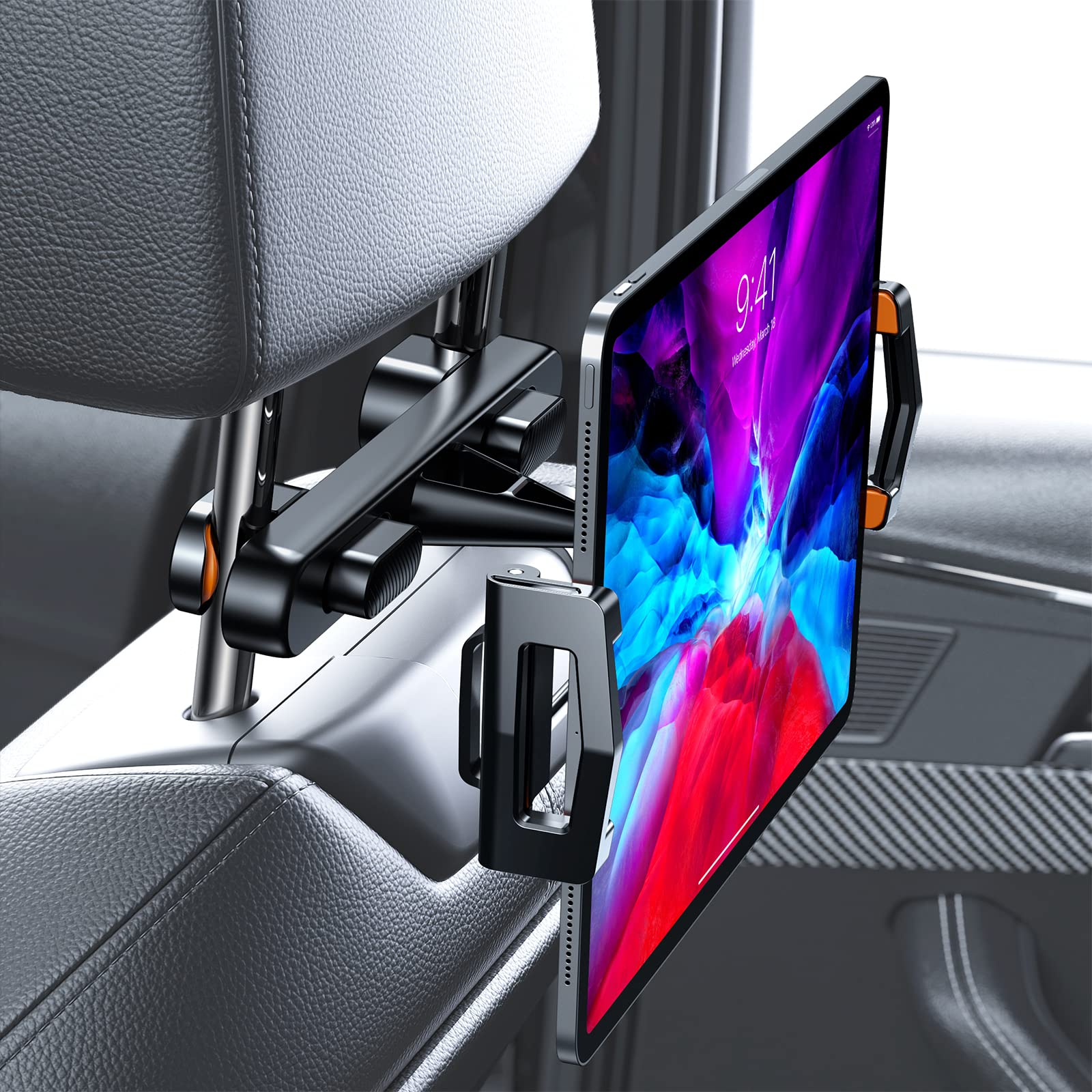 KEUASX Car Tablet Holder - Adjustable 360° Rotating Headrest Mount for iPad Pro/Air/Mini (4.7-12.9 Inch) - Portable Travel Stand for Kids & Adults - Perfect for Road Trips, Backseat Entertainment & Long Flights - Black