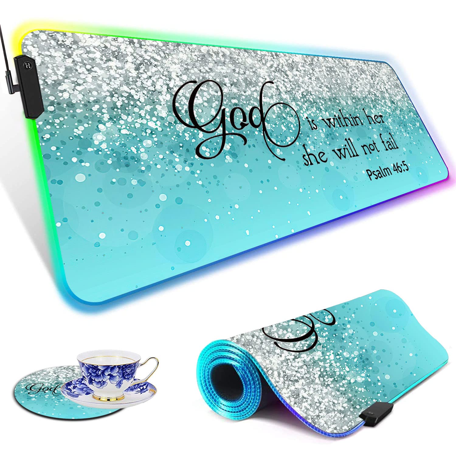 RGB LED Gaming Mouse Pad - Large Waterproof Desk Mat with Light-up Edge for PC, Keyboard & Mouse | Non-Slip Base | Perfect for Gamers, Office & Home Workspace | Inspirational Psalm 46:5 Design in Blue