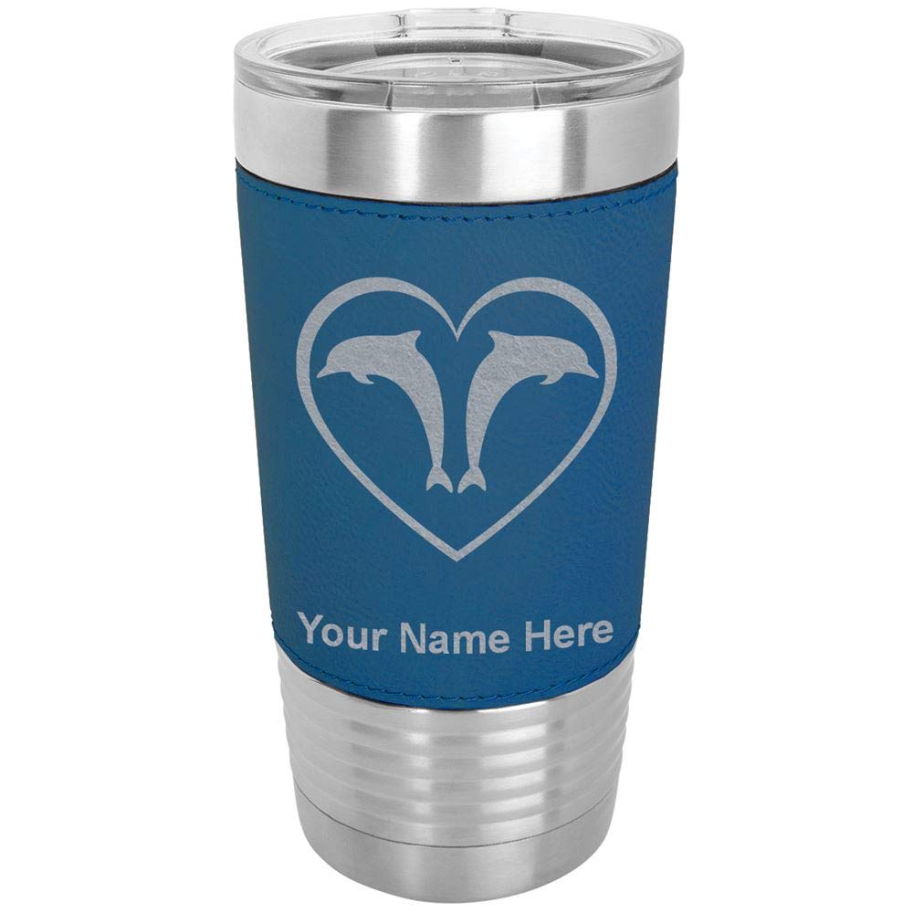 LaserGram 20oz Vacuum Insulated Stainless Steel Tumbler with Lid - Personalized Engraved Dolphin Heart Design, Leakproof & Sweatproof (Faux Leather Handle, Blue) - Perfect for Coffee, Tea, Cold Drinks at Home, Office or Travel