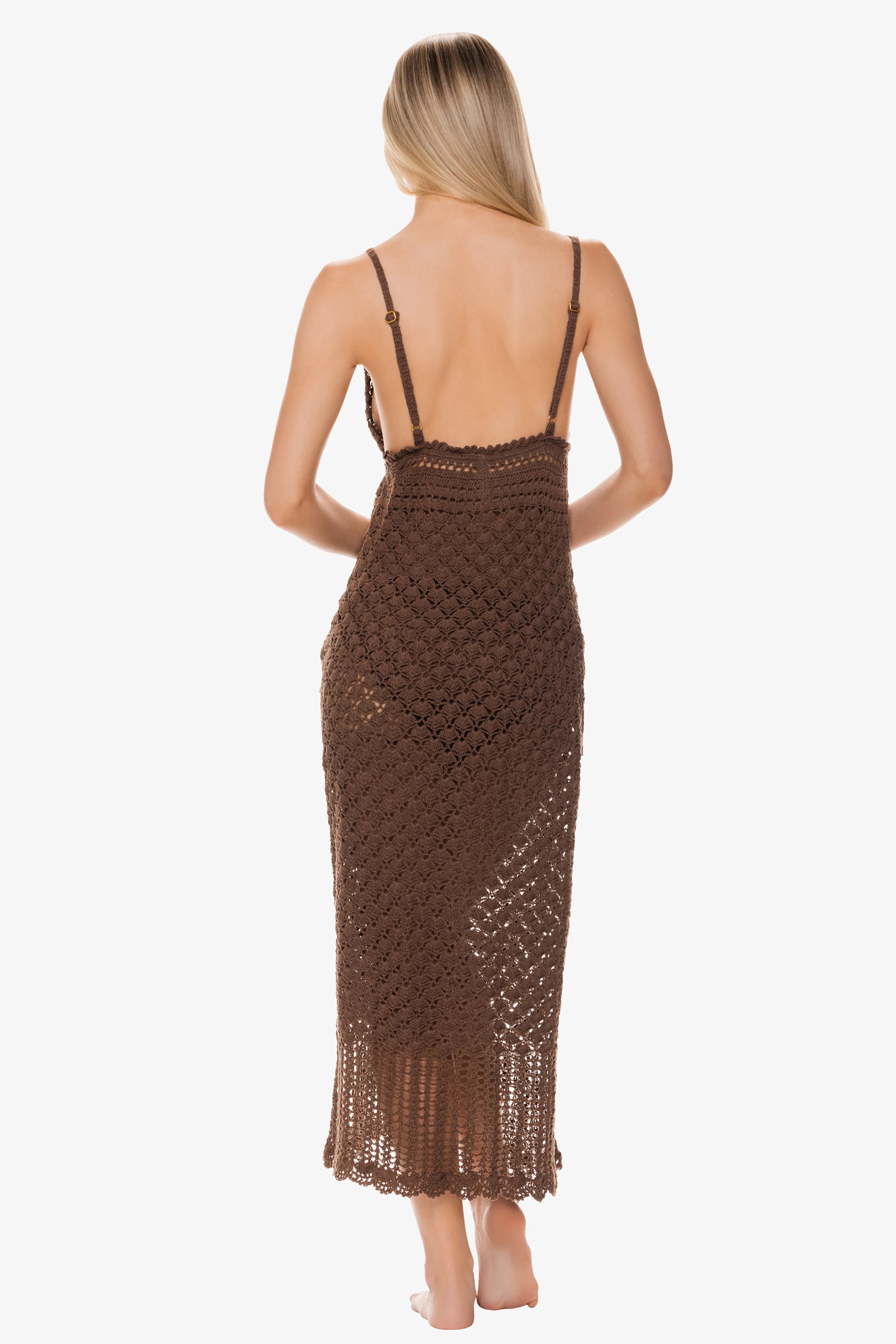 Claudia Crochet Midi Dress in Chocolate Brown - Elegant Boho Summer Dress for Beach, Wedding & Vacation