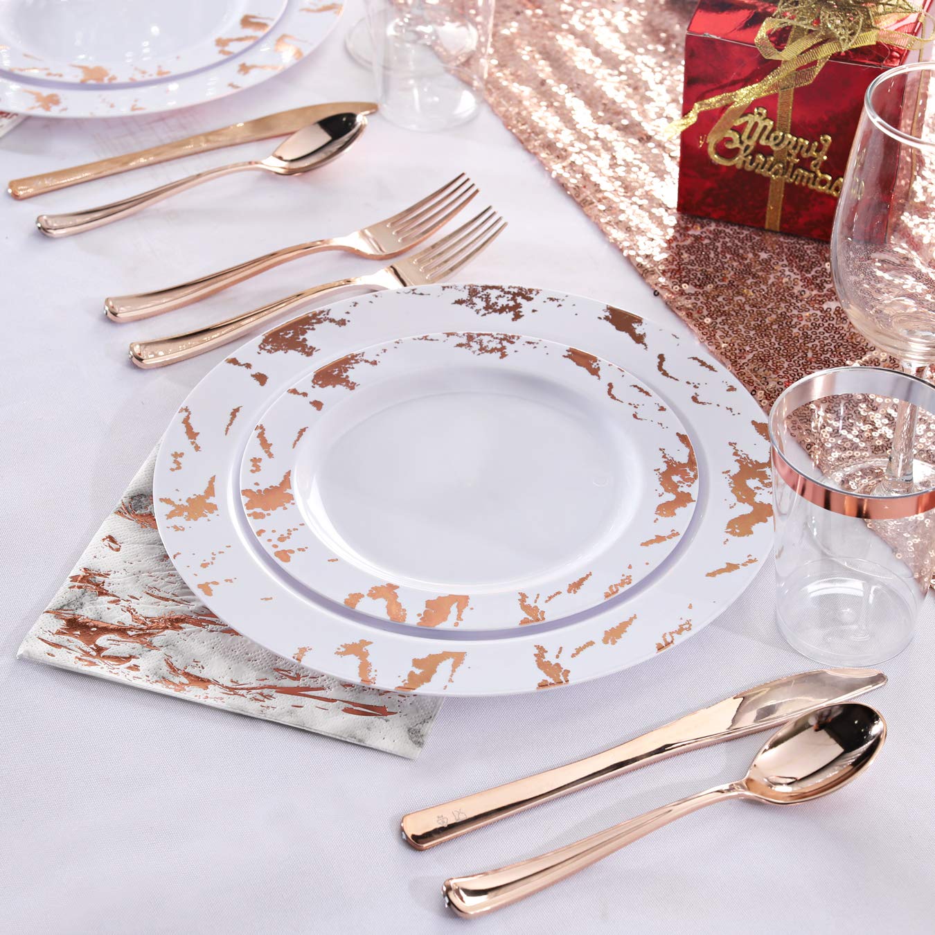 175-Piece Rose Gold Plastic Dinnerware Set - Disposable Marble Plates, Cutlery & Cups for Wedding, Party & Events (25 Dinner Plates, 25 Dessert Plates, 25 Forks, 25 Knives, 25 Spoons, 25 Cups, 25 Napkins) - Elegant Table Setting for Bridal Showers, Baby Showers & Special Occasions
