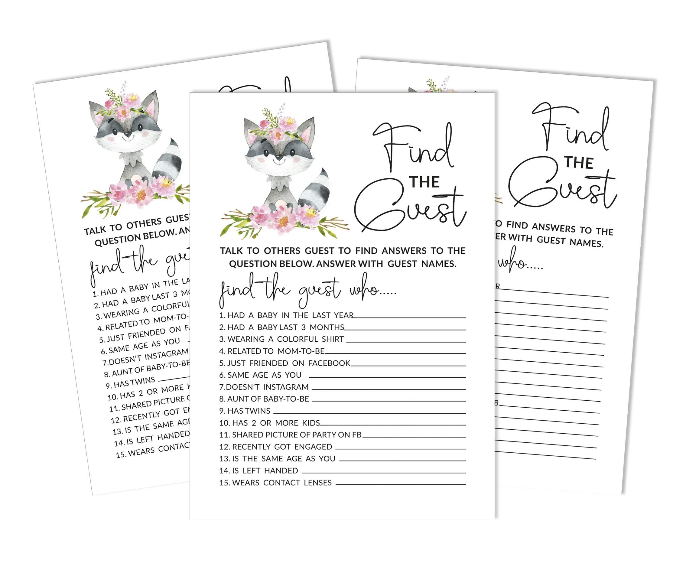 50 Find The Guest Baby Shower Game - Gender Neutral Floral Raccoon Icebreaker Party Supplies for Baby Shower, Gender Reveal, and Coed Celebrations