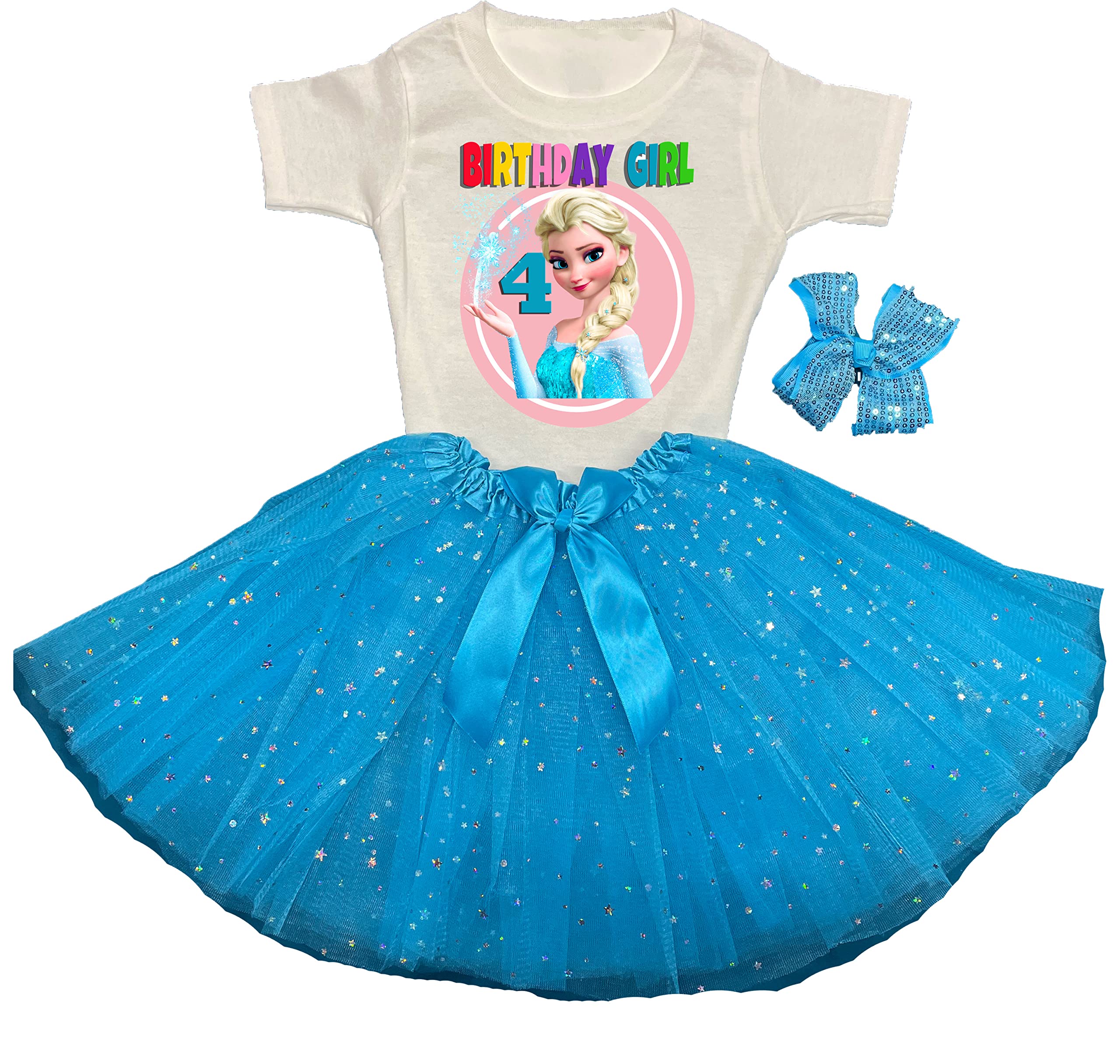 ELSA Birthday Tutu Dress & Shirt Set - 4th Birthday Party Outfit in Turquoise Blue for Girls | Perfect for Disney Princess Themed Parties, Photo Shoots & Special Celebrations