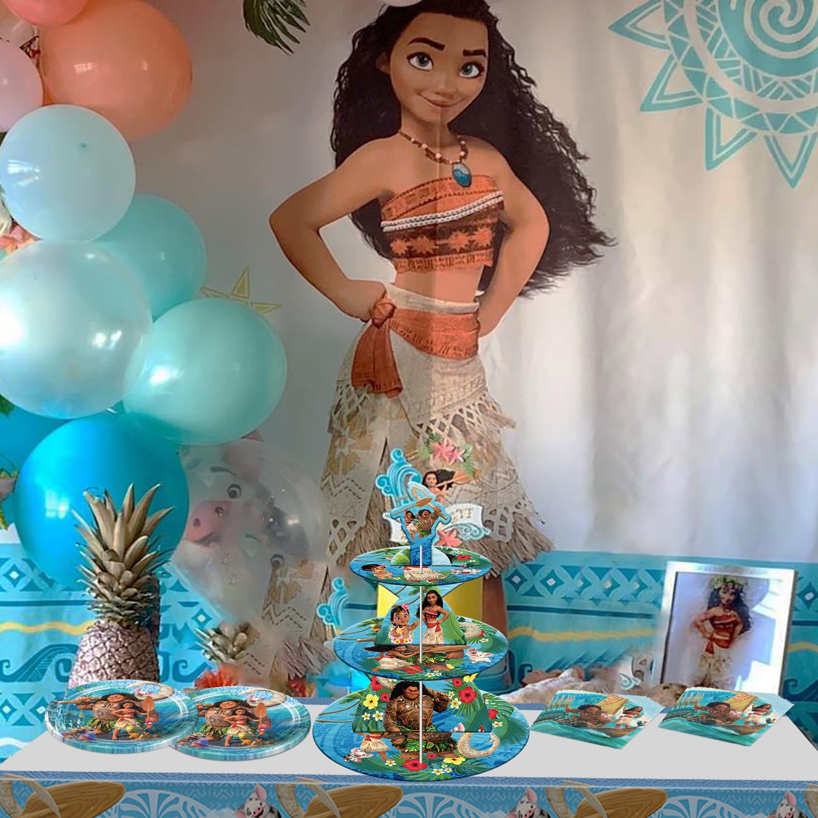 3 Tier Moana Themed Birthday Cupcake Stand - Sturdy Paper Party Decor for Boys & Girls Birthday, Baby Shower & Wedding Celebrations - Perfect for Dessert Displays & Party Centerpieces