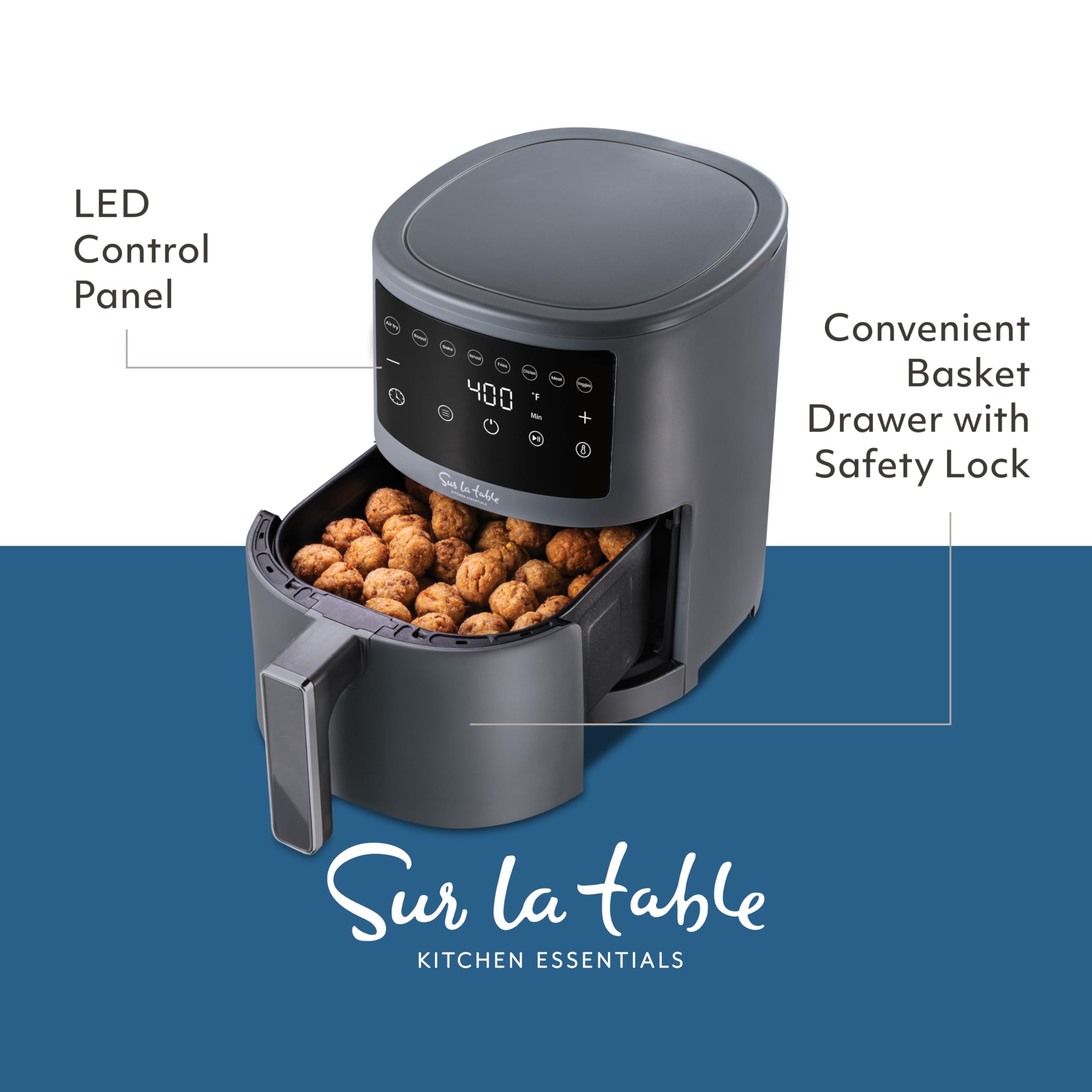 Sur La Table 3.8 Quart Digital Air Fryer with LED Touchscreen - 8 Preset Functions & Shake Reminder for Crispy Results - 1500W Powerful Air Fry, Bake, Roast, Broil - Perfect for Quick Meals, Healthy Cooking & Family Dinners