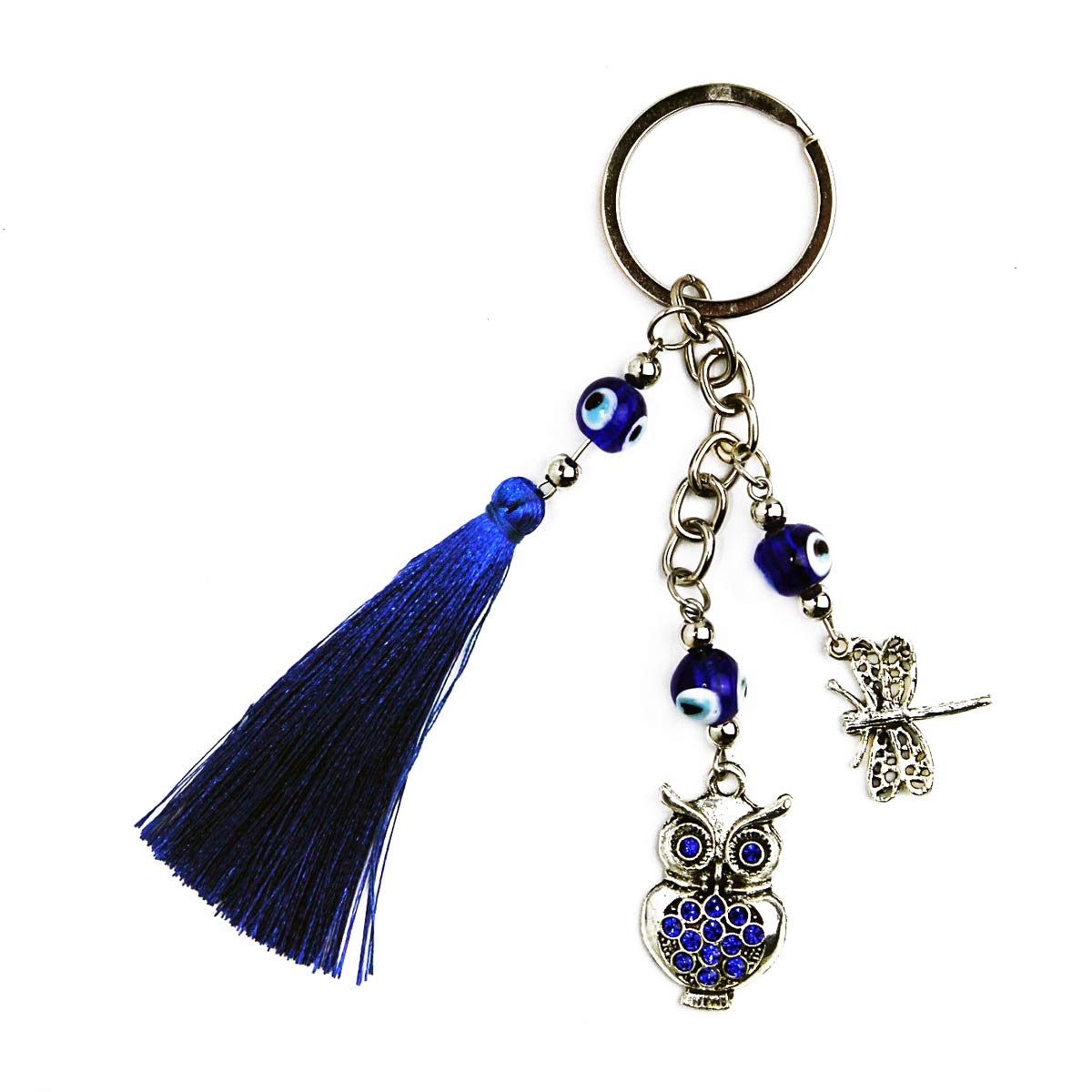 Lucky Dragonfly & Owl Keychain with Blue Crystal, Tassel & Evil Eye Bead - Good Fortune Charm for Home, Bags & Car Mirror (2”x5.5”) - Perfect Gift for Protection & Blessings in Daily Life
