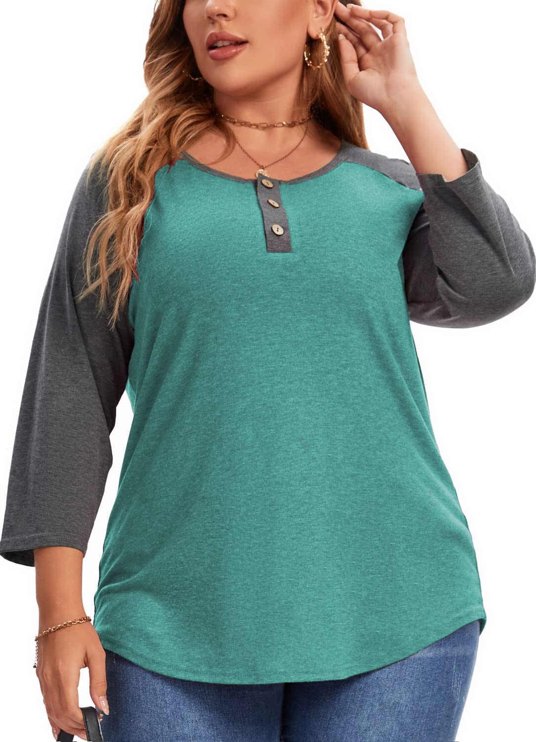 Plus Size Summer Tops for Women - 3/4 Sleeve V Neck Button Down Blouses - Casual Office Wear & Vacation Outfits