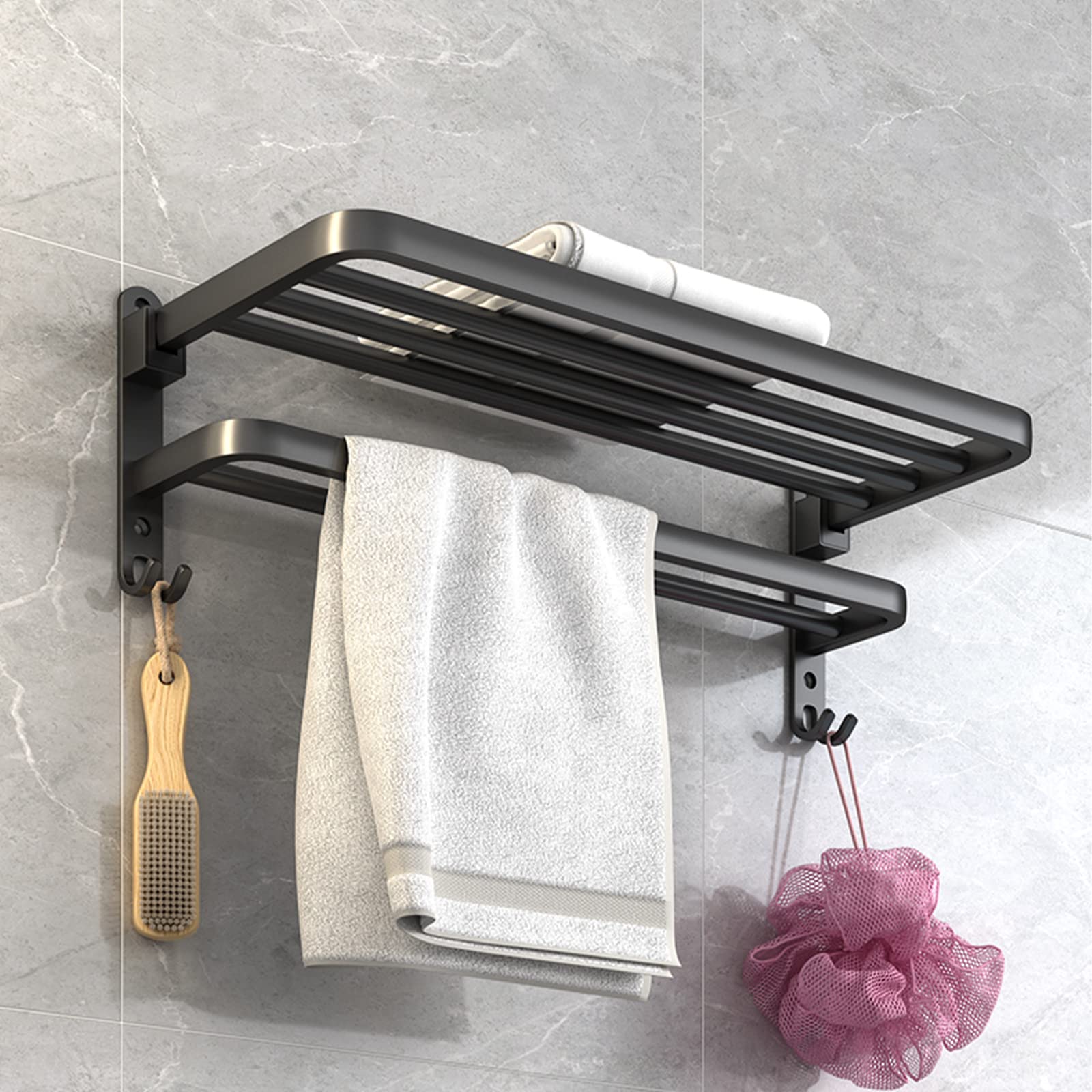 BOZWELL 16-inch Double Towel Bar with Hooks & Shelf - Matte Black Bathroom Towel Rack for Hand & Bath Towels - Perfect for Bathroom, Spa, or Guest Room Organization