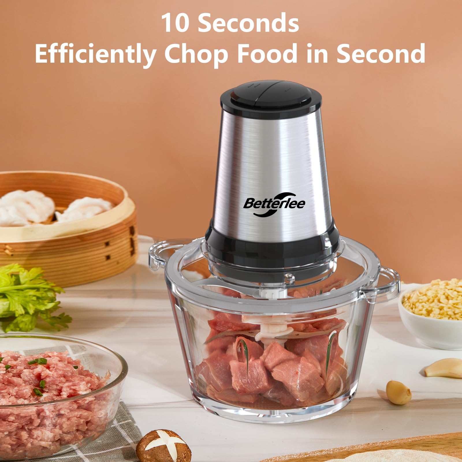 Betterlee Electric Food Processor & Meat Grinder - 2-Speed Chopper with 2x8-Cup Bowls & Bi-Level Blade - Perfect for Meats, Garlic, Onions & Baby Food - Ideal for Meal Prep, Homemade Sausages & Healthy Cooking