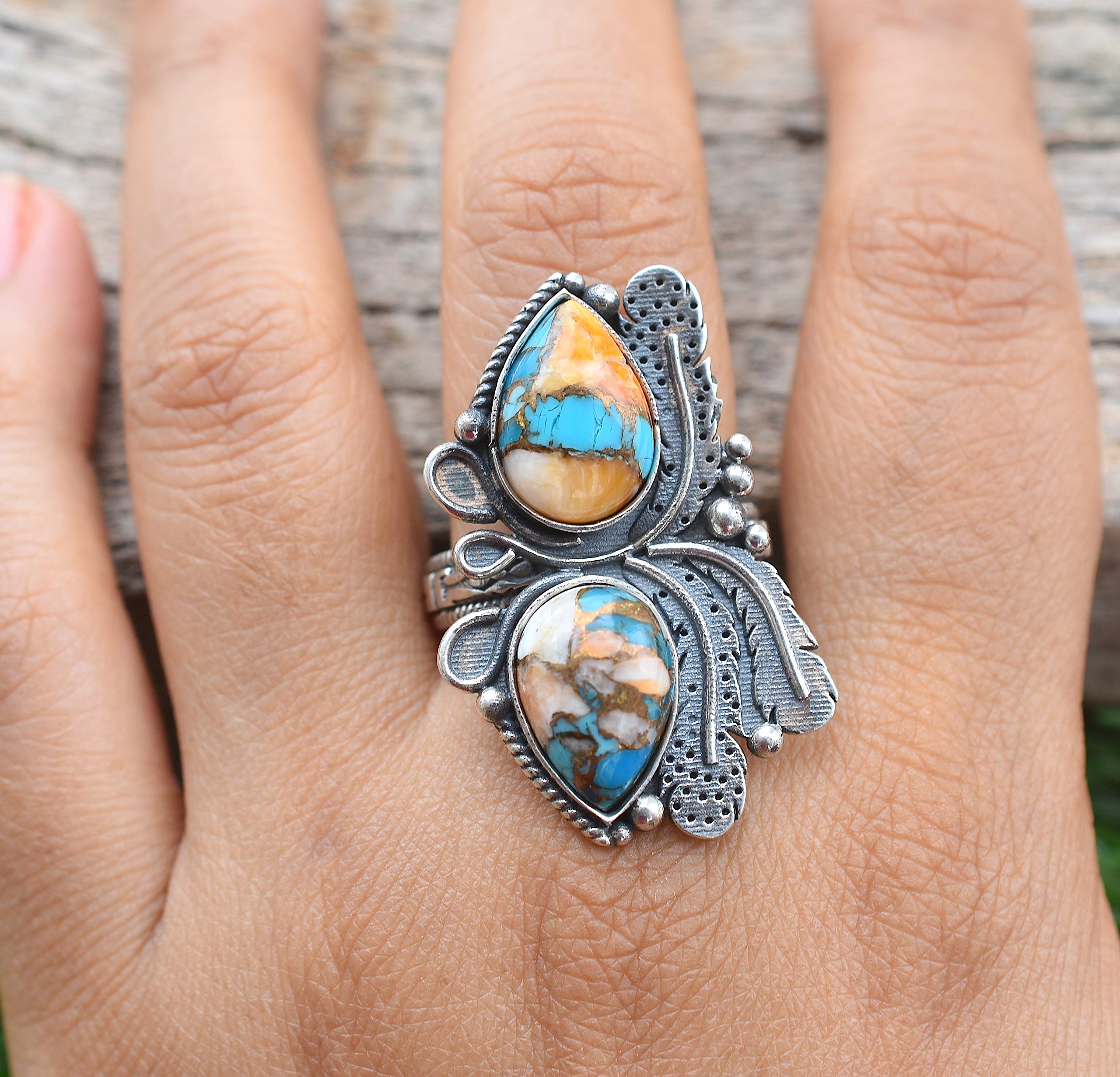 Vintage Handmade 925 Sterling Silver Oyster Copper Turquoise Ring - Boho Hippie Jewelry, Spiny Turquoise Birthstone Ring for Women - Perfect Birthday Gift, Wedding, Party & Everyday Wear - TQ-05