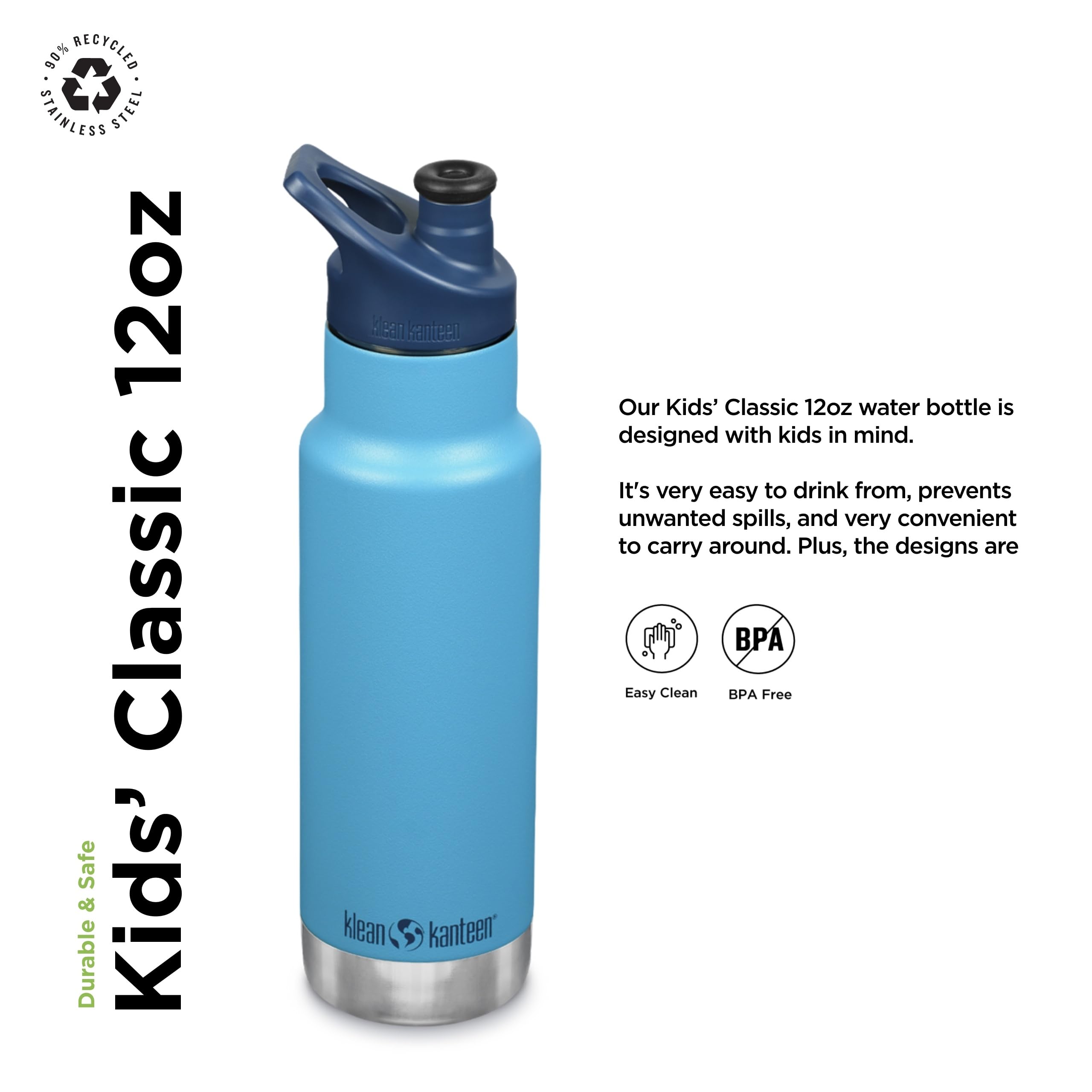 Klean Kanteen 12 oz Insulated Stainless Steel Water Bottle for Kids with Sport Cap | BPA-Free, Dishwasher Safe Reusable Bottle | Perfect for School, Sports & Outdoor Activities | Hawaiian Ocean Design