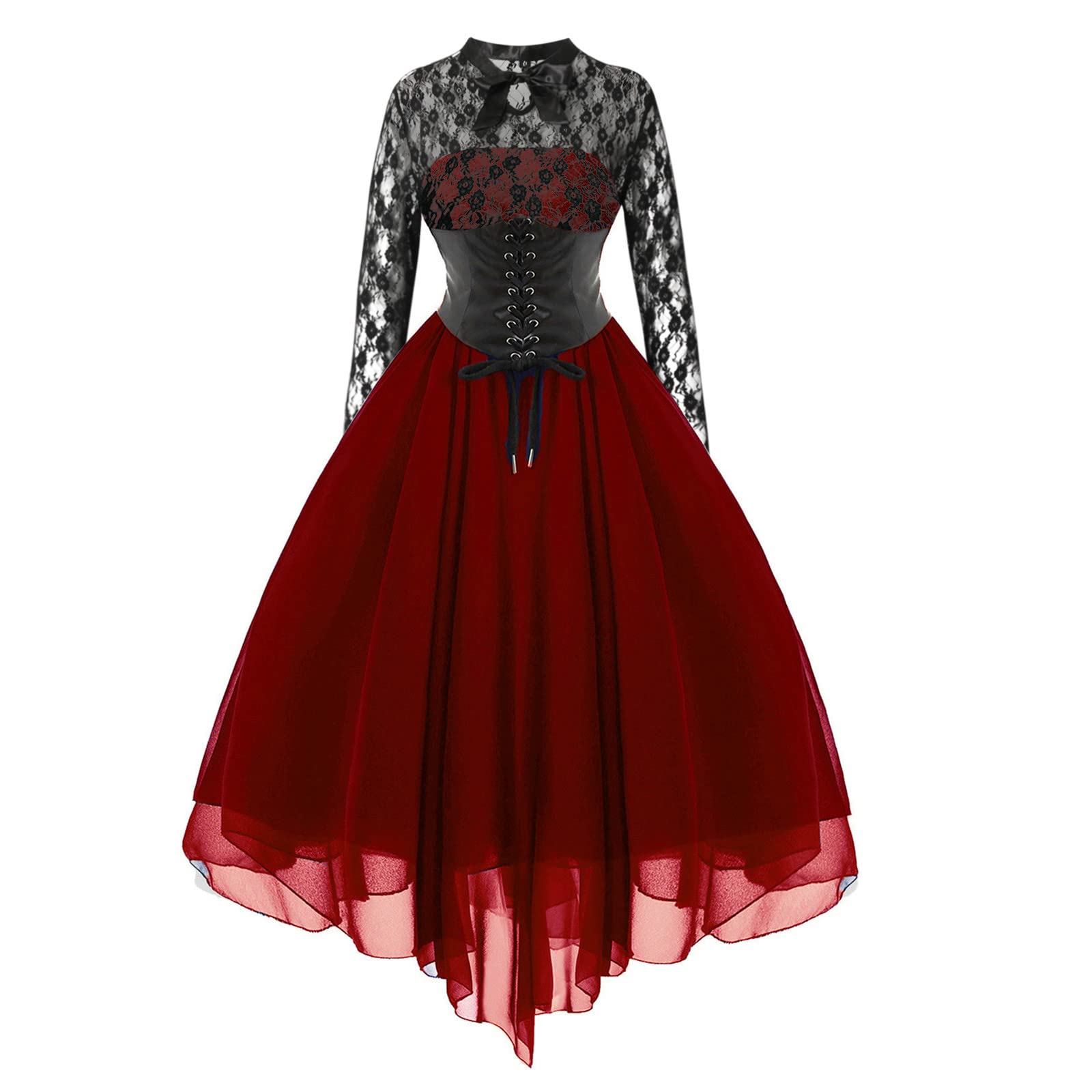 FAVIPT Women's Gothic Steampunk Corset Dress - Vintage Lace Long Sleeve Halloween Costume & Cocktail Party Dress | Perfect for Cosplay, Gothic Events, and Vintage-Themed Parties