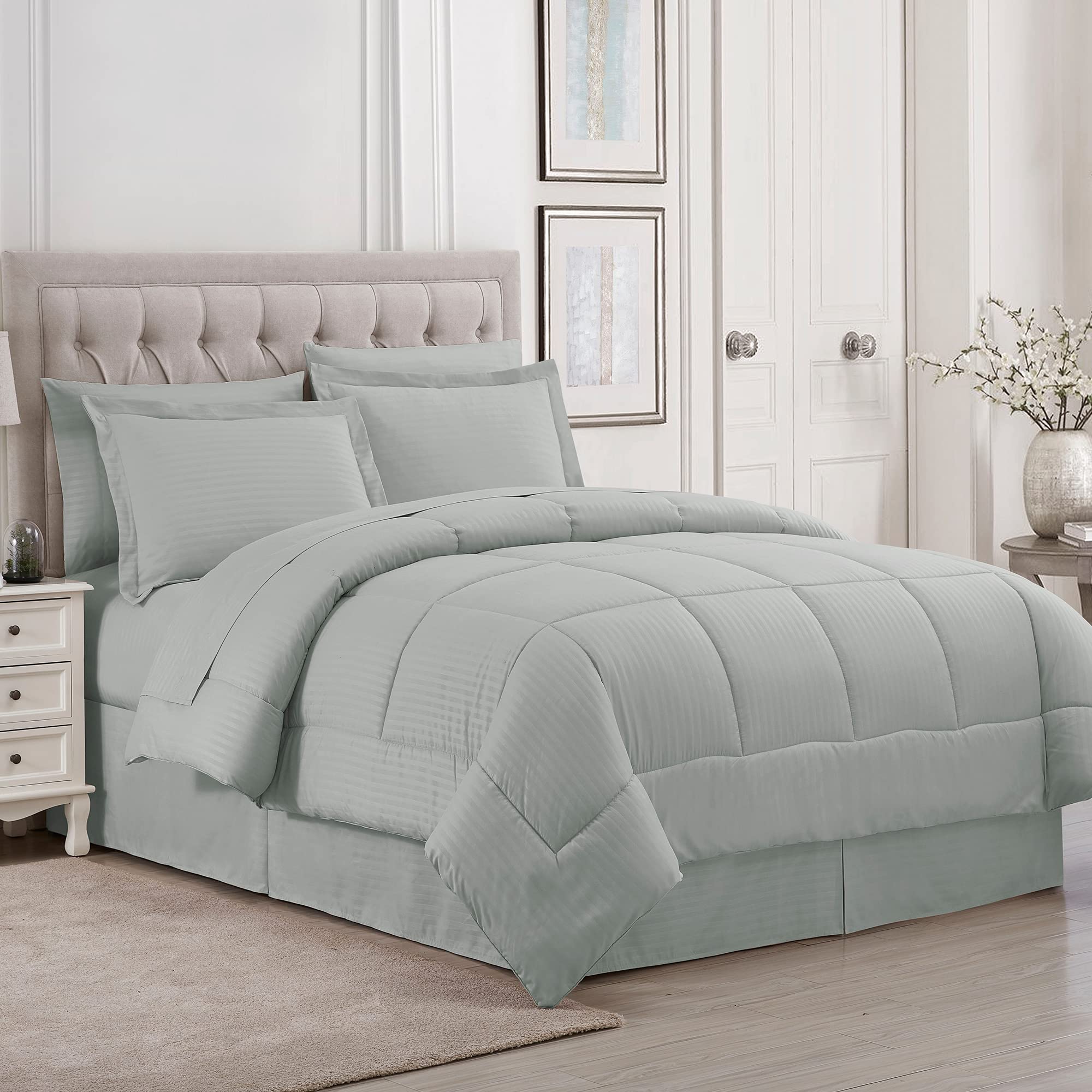 8-Piece Queen Comforter Set with Bed Skirt, Fitted Sheet, Flat Sheet, 2 Pillowcases & 2 Shams - Dobby Silver Luxury Bedding Collection | Perfect for Master Bedrooms, Guest Rooms & Cozy Home Decor