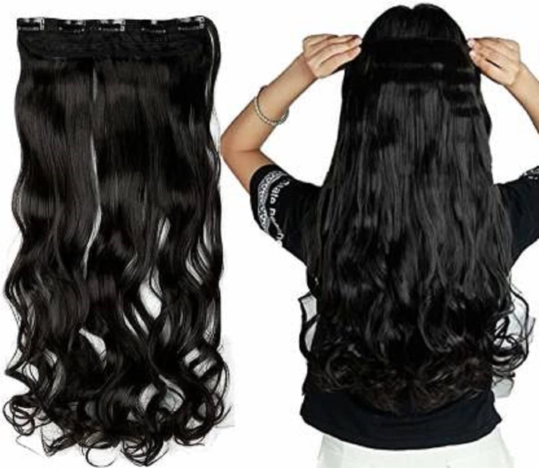 Abrish Black Natural Looking Synthetic Hair Extensions for Women - 24 Inch Long Curly Clip-In Hair Extensions (5 Clips) | Perfect for Daily Wear, Parties, Weddings & Special Occasions