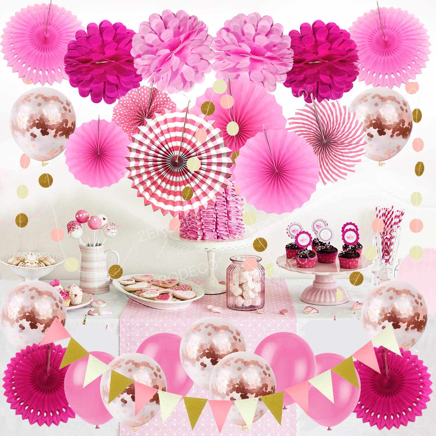 ZERODECO 12-Pack Pink Party Hanging Paper Fans Set with Confetti Balloons, Folding Fans, Pompoms & Triangle Bunting Flags - Wedding, Birthday, Baby Shower Decorations & Photo Backdrop Supplies for Indoor/Outdoor Celebrations