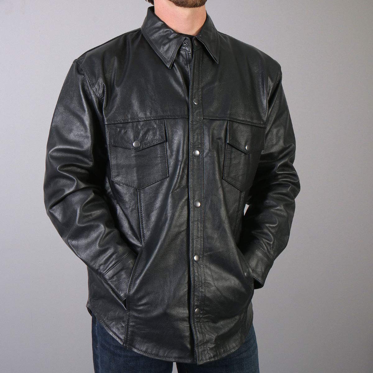 Premium Black Leather Shirt for Men - Genuine Leather Button-Up Shirt with Classic Fit - Perfect for Motorcycle Riding, Night Out & Casual Wear