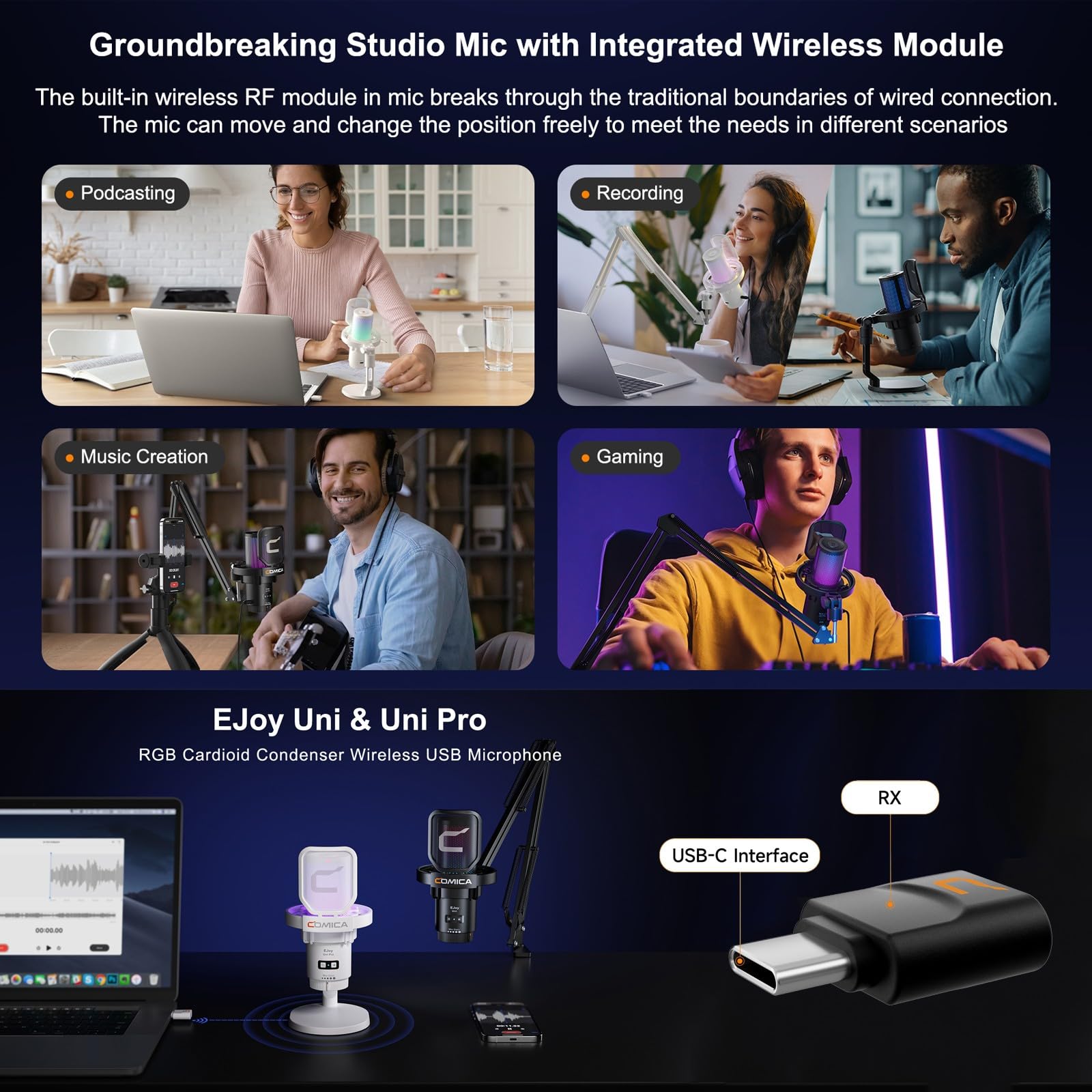 COMICA Uni Pro D Wireless USB Microphone - 48kHz/24bit Studio Quality Cardioid Condenser Mic for PC, Mac & Smartphone - Perfect for Podcasting, Live Streaming, Gaming, Music Recording & Voice Overs - Includes Desktop Stand (Black) - Ideal for Home Studios, Twitch Streamers & Content Creators