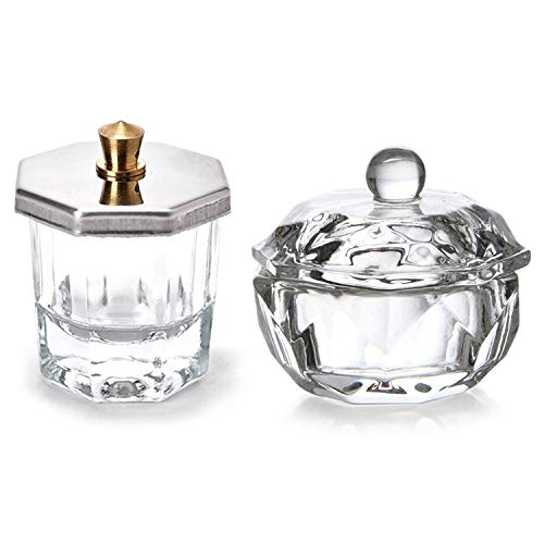 Karlash 2-Piece Acrylic Nail Art Liquid & Powder Dappen Dish Set - Clear Glass Crystal Cups with Metal & Glass Lids - Professional Nail Salon Tools for Acrylic Powder Mixing & Nail Extension Application