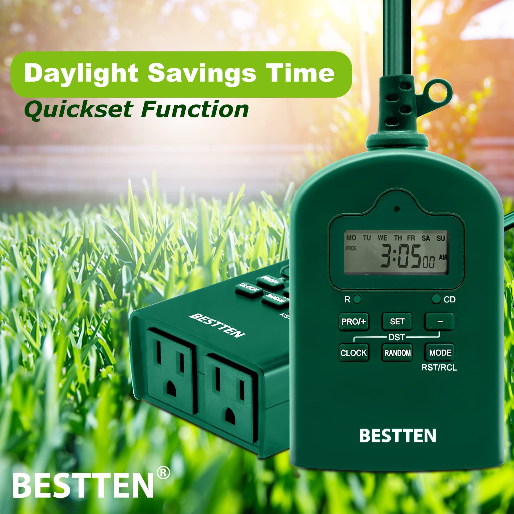 BESTTEN 7-Day Outdoor Digital Programmable Timer with Clock - Dual Grounded Outlets, Weatherproof, ETL Certified - Perfect for Garden Lights, Holiday Decorations & Pool Equipment