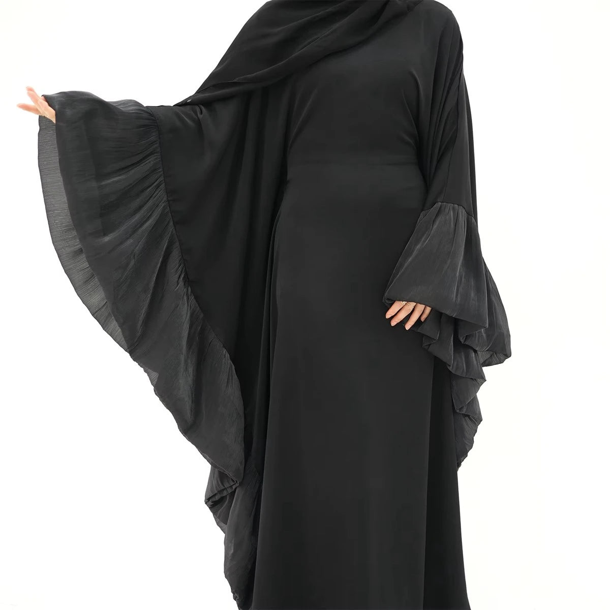 Elegant Butterfly Sleeve Farasha Abaya Dress with Inner Belt #25951 - Modest Muslim Women's Prayer Dress for Mosque & Special Occasions