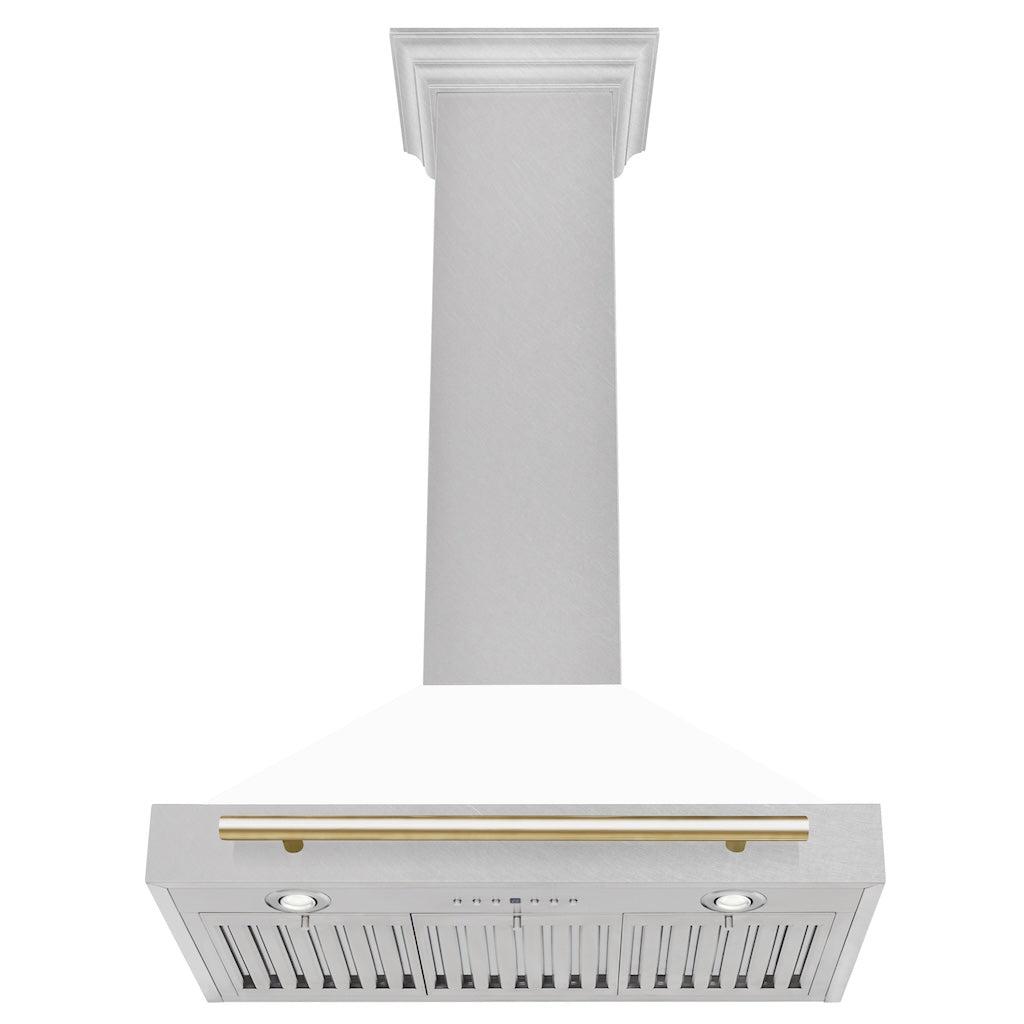 ZLINE KB4SNZ WM30 G 30-Inch Convertible Wall Mount Range Hood - Satin Stainless Steel with White Matte Shell & Polished Gold Handle - Autograph Edition - Perfect for Modern Kitchens & Open-Concept Homes