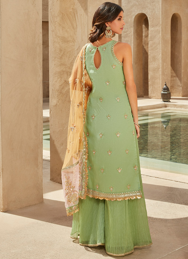 Elegant Dusty Green Embroidered Sharara Suit for Women | Pakistani/Indian Ethnic Wear | Wedding, Party & Festival Outfit | Perfect for Special Occasions & Cultural Events