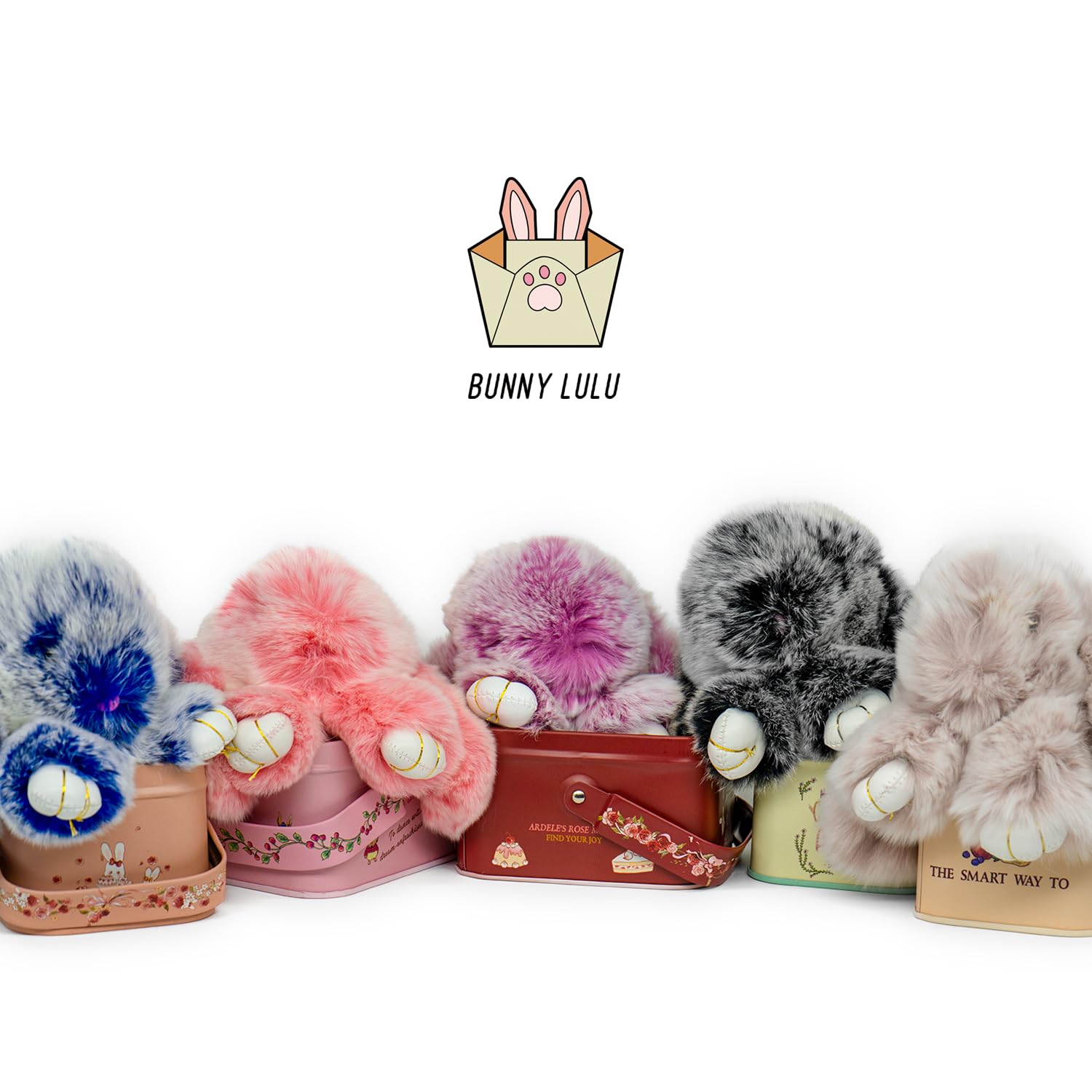 Original Bunnylulu Handmade Soft Bunny PomPom Keychain with Tin - Cute Plush Bunny Keychain for Bags, Gifts & Holidays (Perfect Christmas Present)