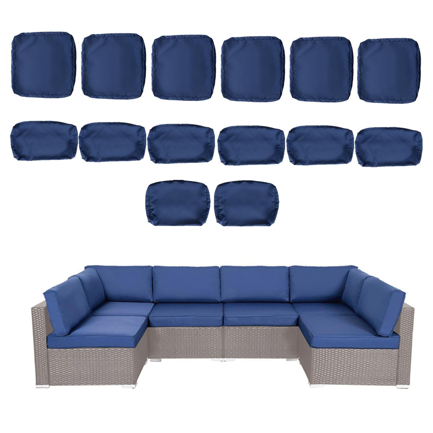 kinbor 14-Piece Outdoor Couch Cushion Covers with Zipper - Replacement Slipcovers for Sectional Sofa Furniture Set, Washable Dark Blue Patio Cushion Covers | Perfect for Backyard, Deck, Poolside & Patio Furniture Protection