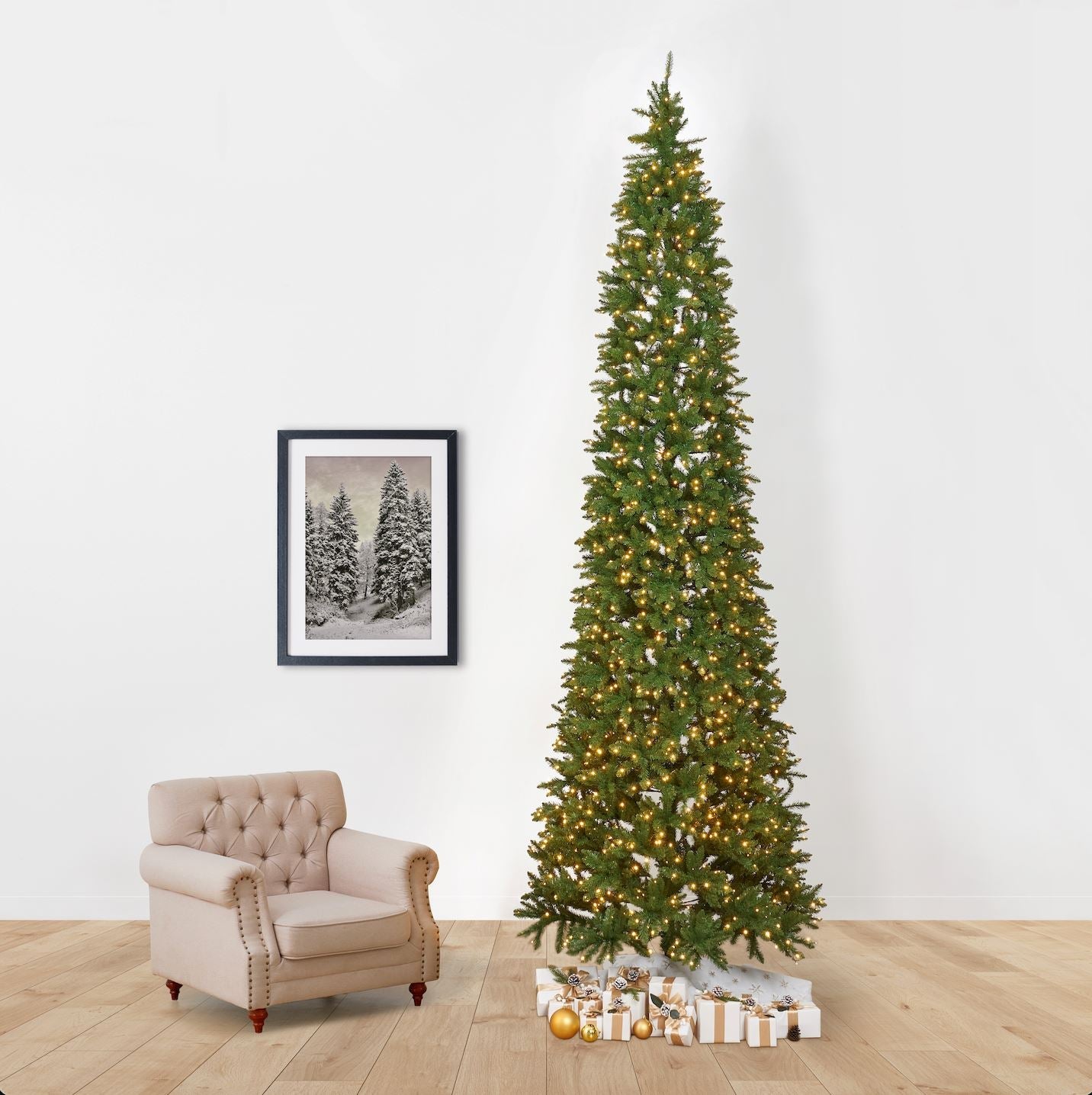 13ft Pre-Lit Artificial Slim Green Mountain Pine Christmas Tree with 1360 Warm White LED Lights & 3924 Bendable Branches - Perfect for Living Room, Office, and Holiday Decorations