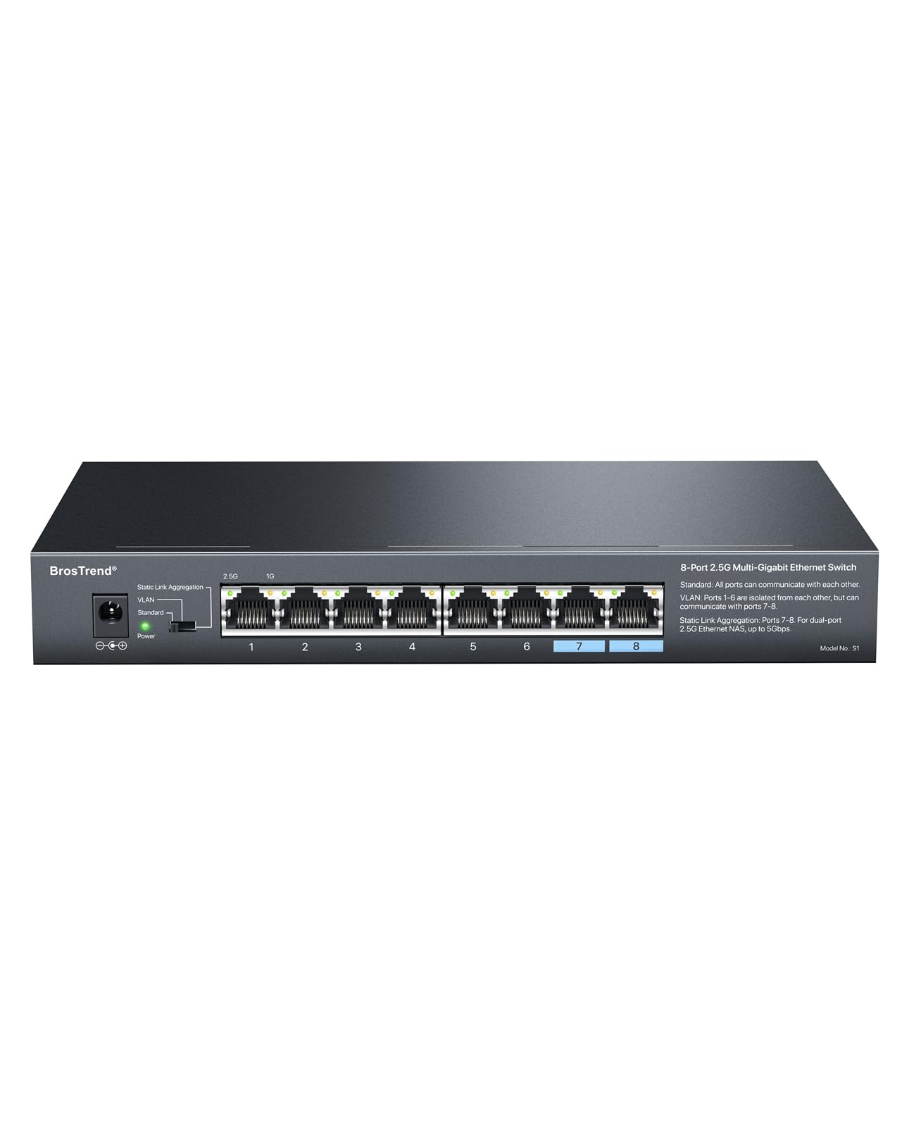 BrosTrend 8-Port 2.5G Multi-Gigabit Ethernet Switch - Unmanaged Network Switch with VLAN Support, Static Link Aggregation, Silent Operation, Wall Mountable for Home & Small Business Use - Lifetime Warranty - Perfect for Home Office, Gaming Setup, and Small Business Networks