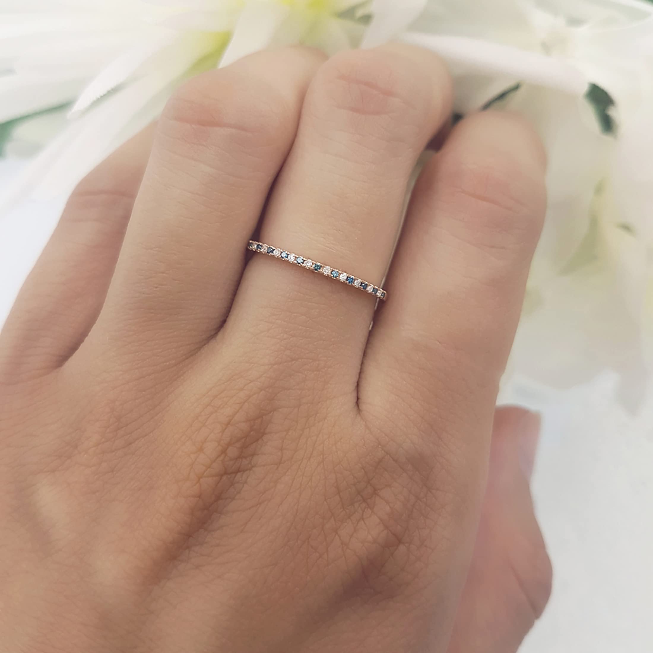 0.08 Cttw Round Blue & White Diamond Stackable Wedding Band for Women - 10K Solid Gold Dainty Ring - Perfect for Anniversary, Engagement, and Everyday Elegant Jewelry