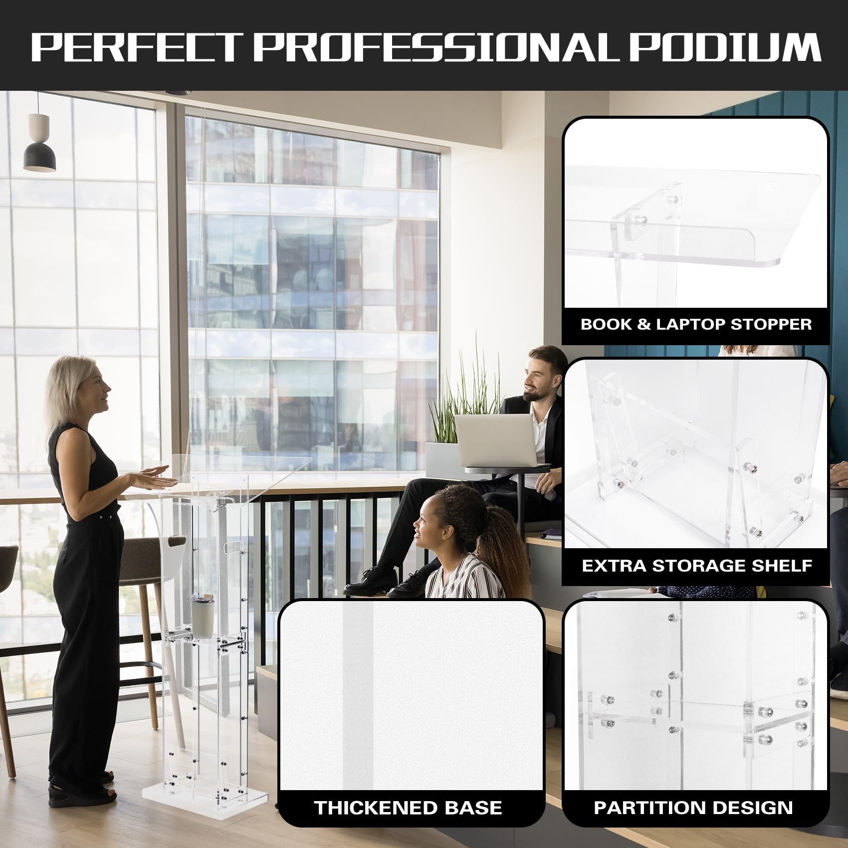 Clear Acrylic Podium Stand with Storage Shelf - 45.5