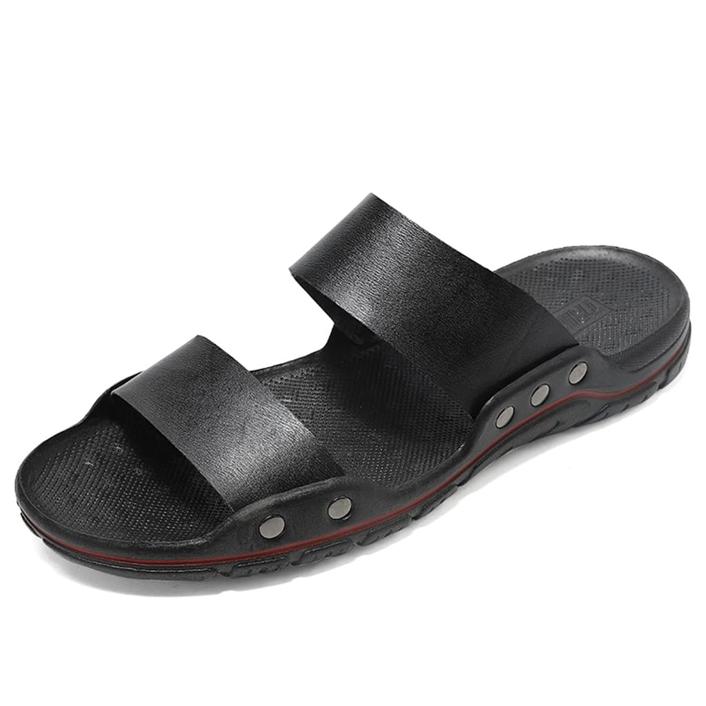 Men's Leather Slip-On Slippers - Breathable Summer Casual Shoes for Outdoor & Beach Comfort - Black Size 44 - Perfect for Lounging, Travel, and Poolside Relaxation